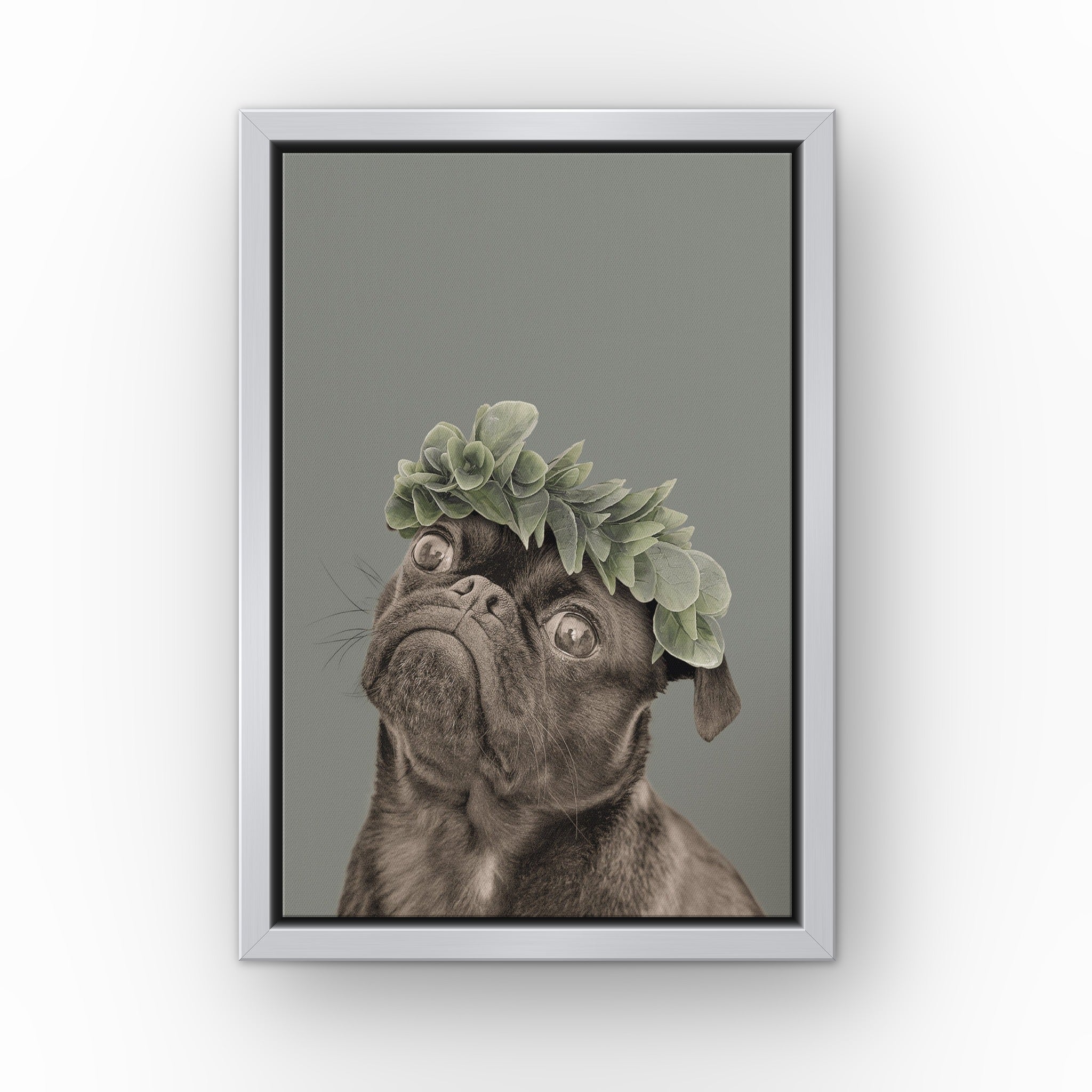 Roman Crown Pet Portrait (green) custom pet canvas in a silver floating frame