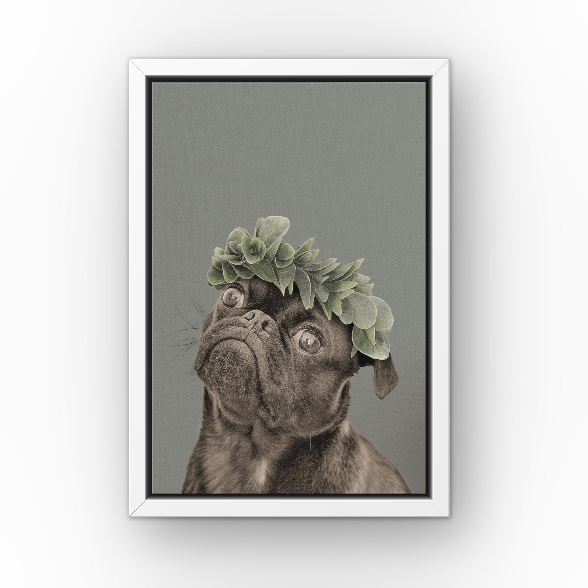 Roman Crown Pet Portrait (green) custom pet canvas in a white floating frame