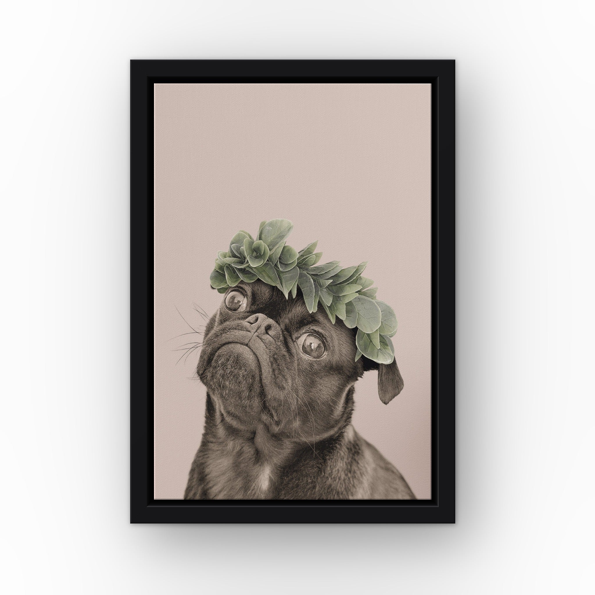 Roman Crown Pet Portrait (soft pink) custom pet canvas in a black floating frame