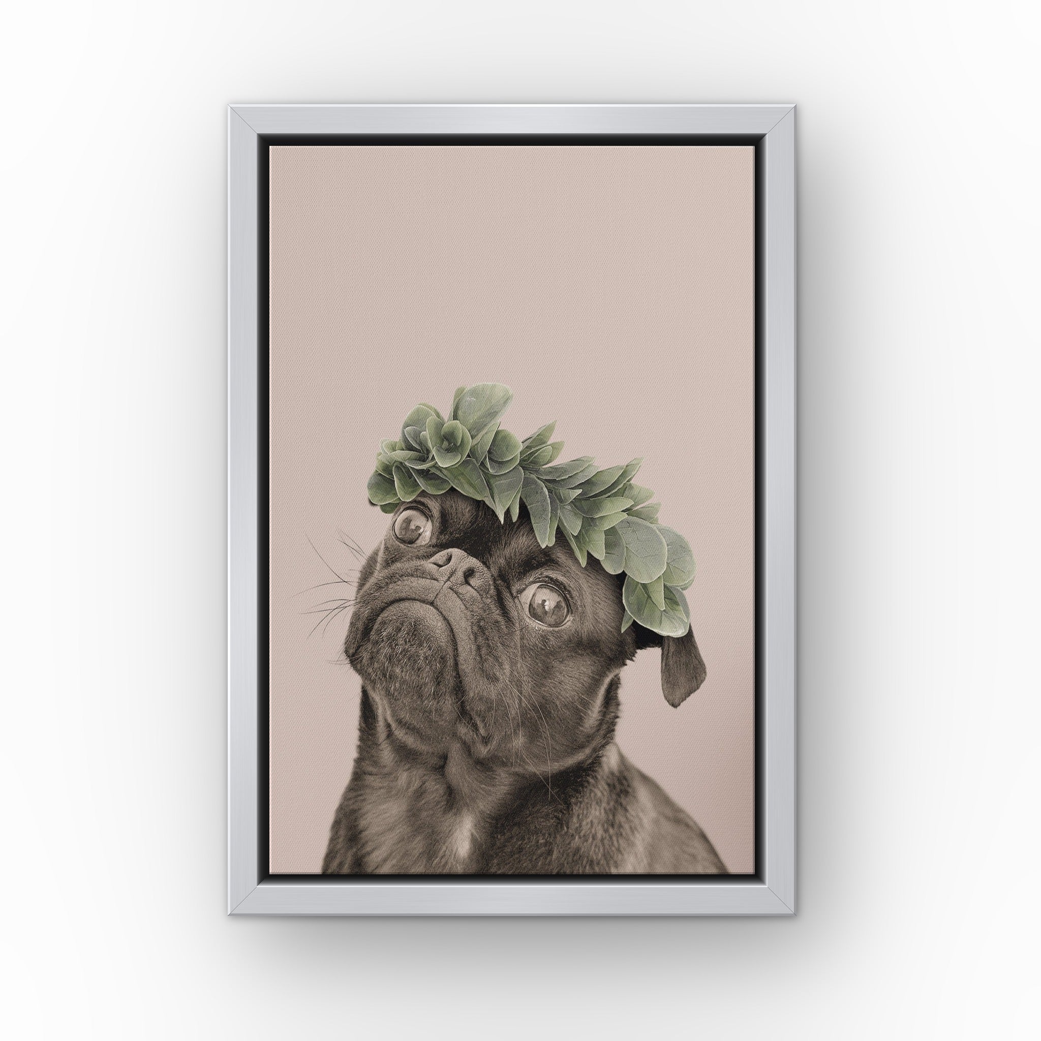 Roman Crown Pet Portrait (soft pink) custom pet canvas in a silver floating frame