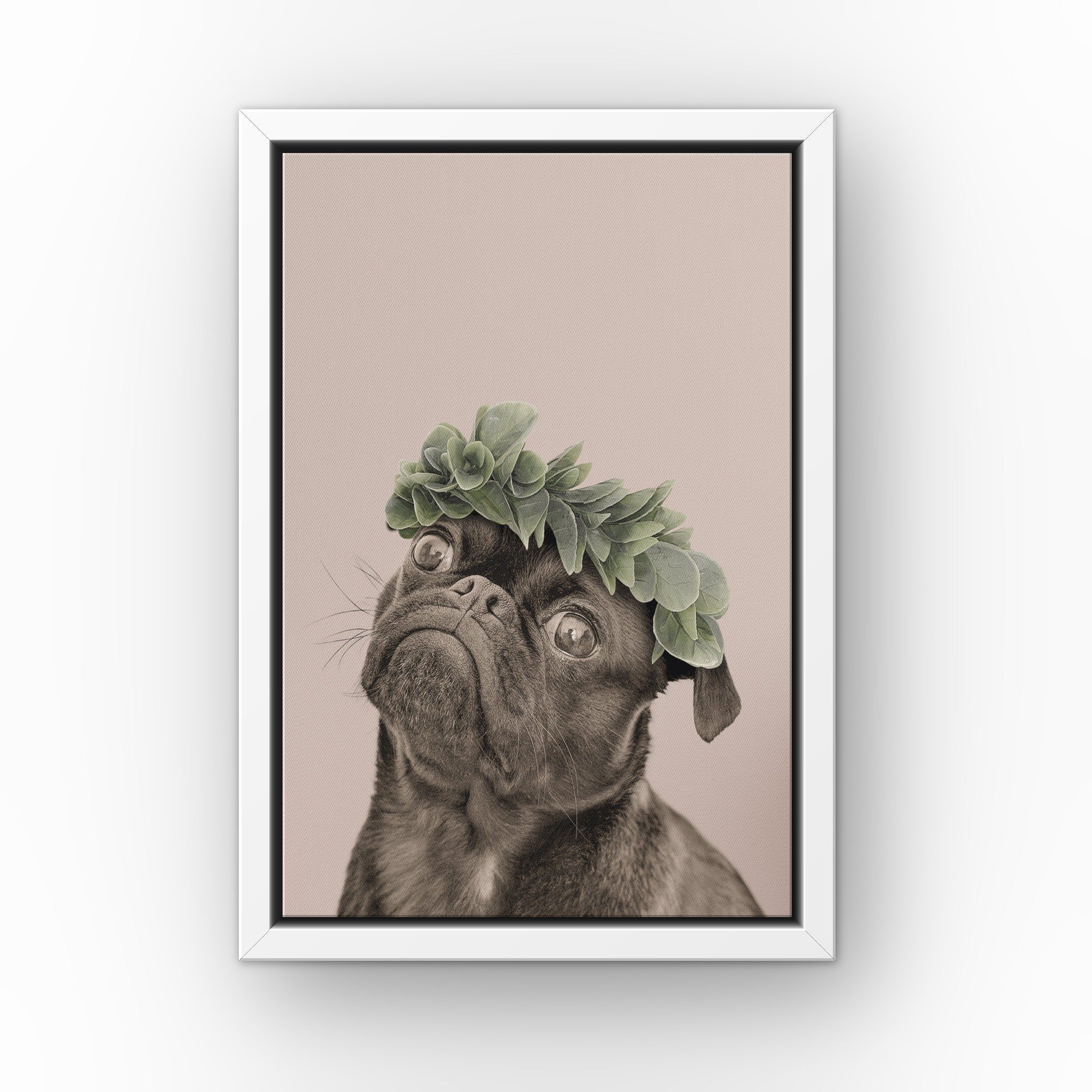 Roman Crown Pet Portrait (soft pink) custom pet canvas in a white floating frame