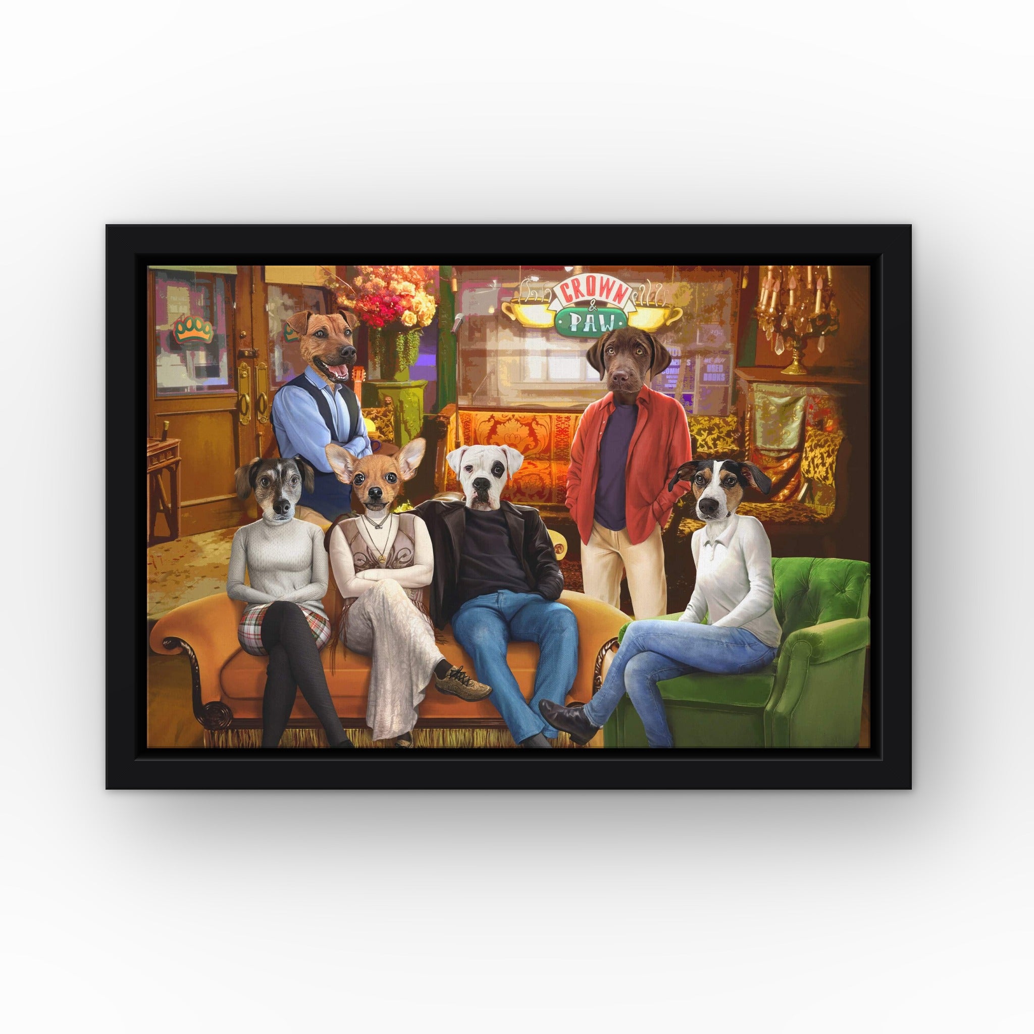 Six Coffee House Friends custom pet canvas in a black floating frame
