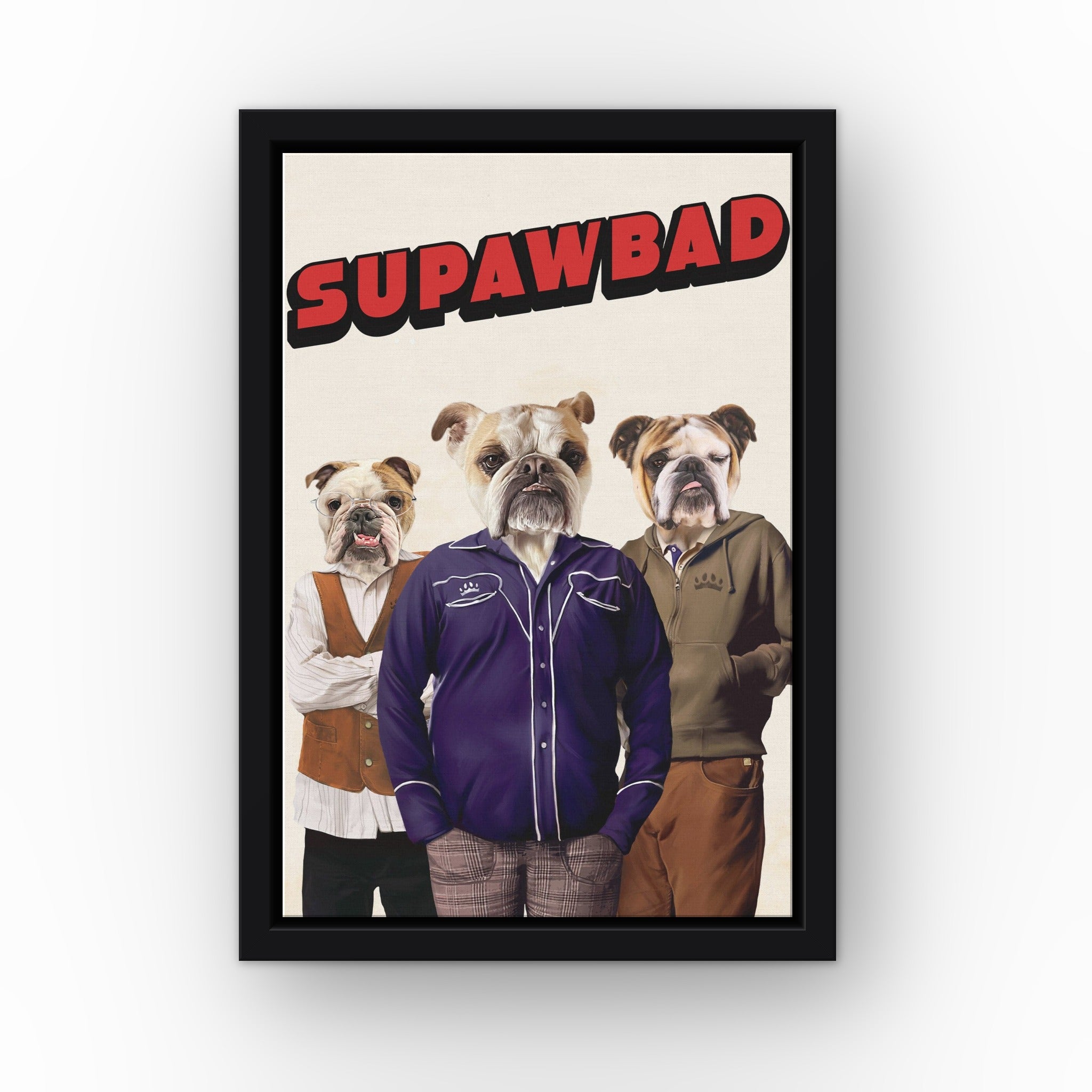 Supawbad custom pet canvas in a black floating frame