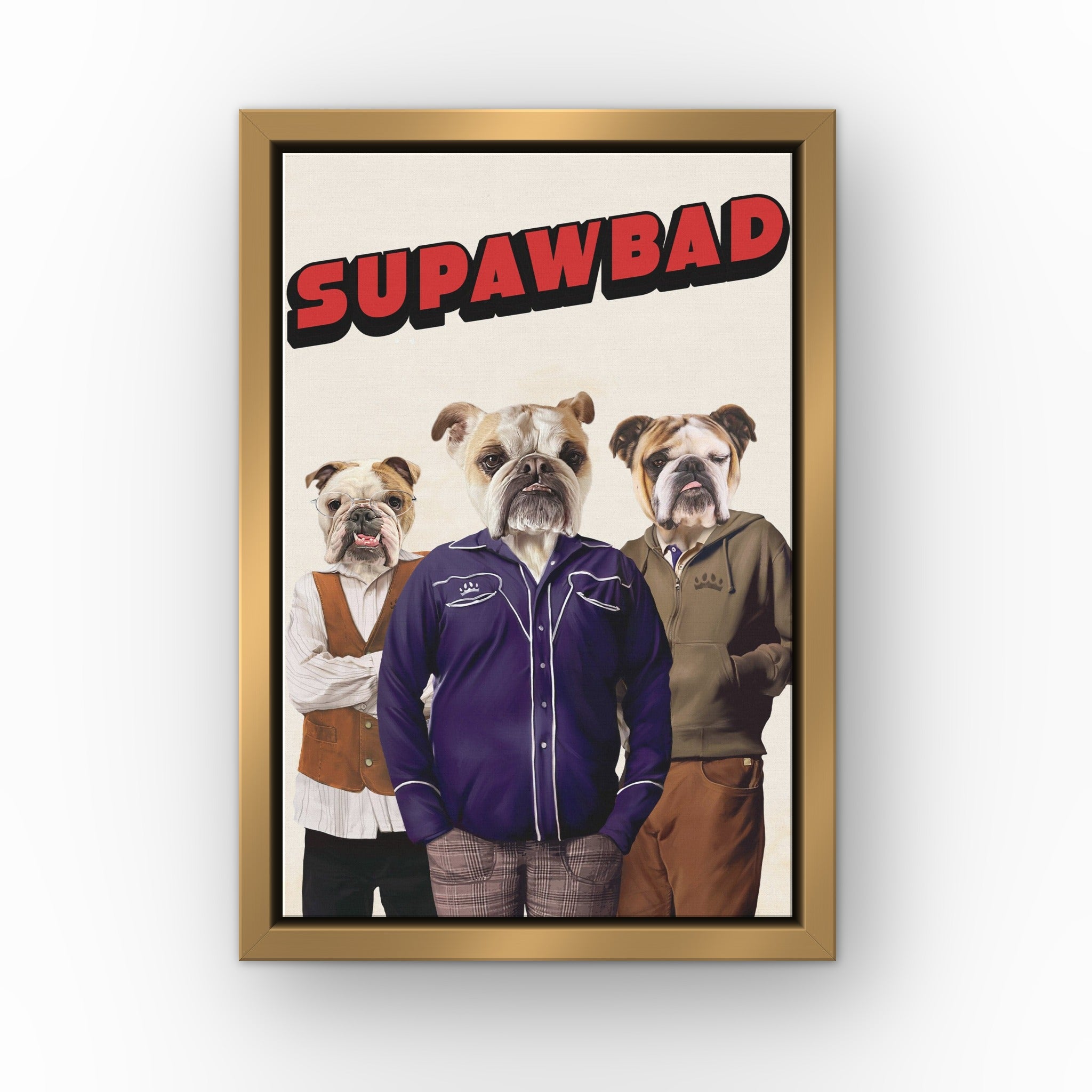 Supawbad custom pet canvas in a gold floating frame