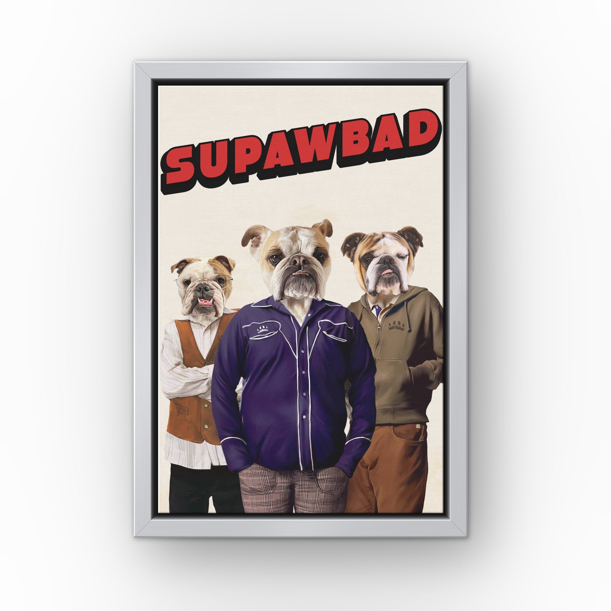 Supawbad custom pet canvas in a silver floating frame