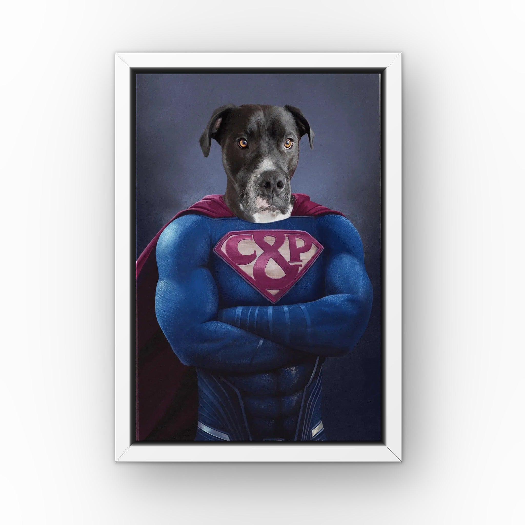 Supawman custom pet canvas in a white floating frame