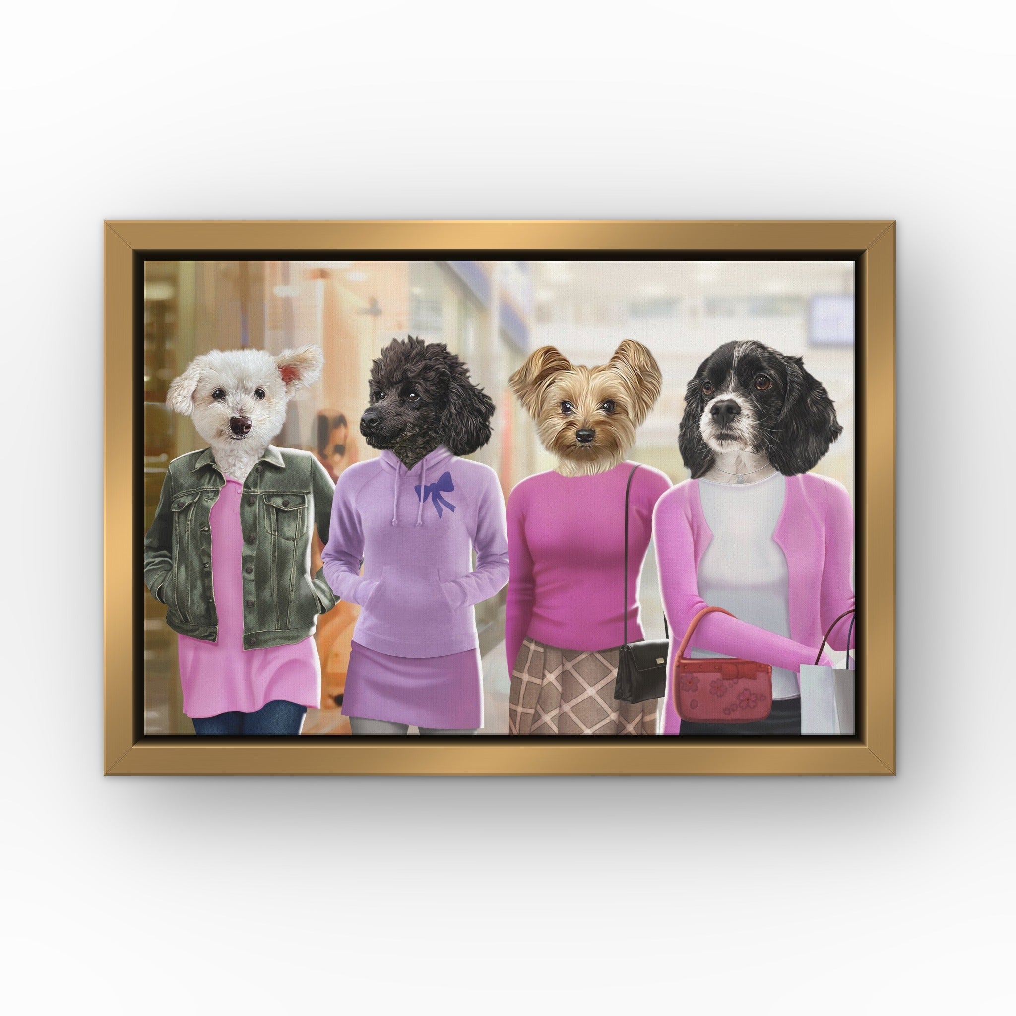 The 4 Mean Girls custom pet canvas in a gold floating frame