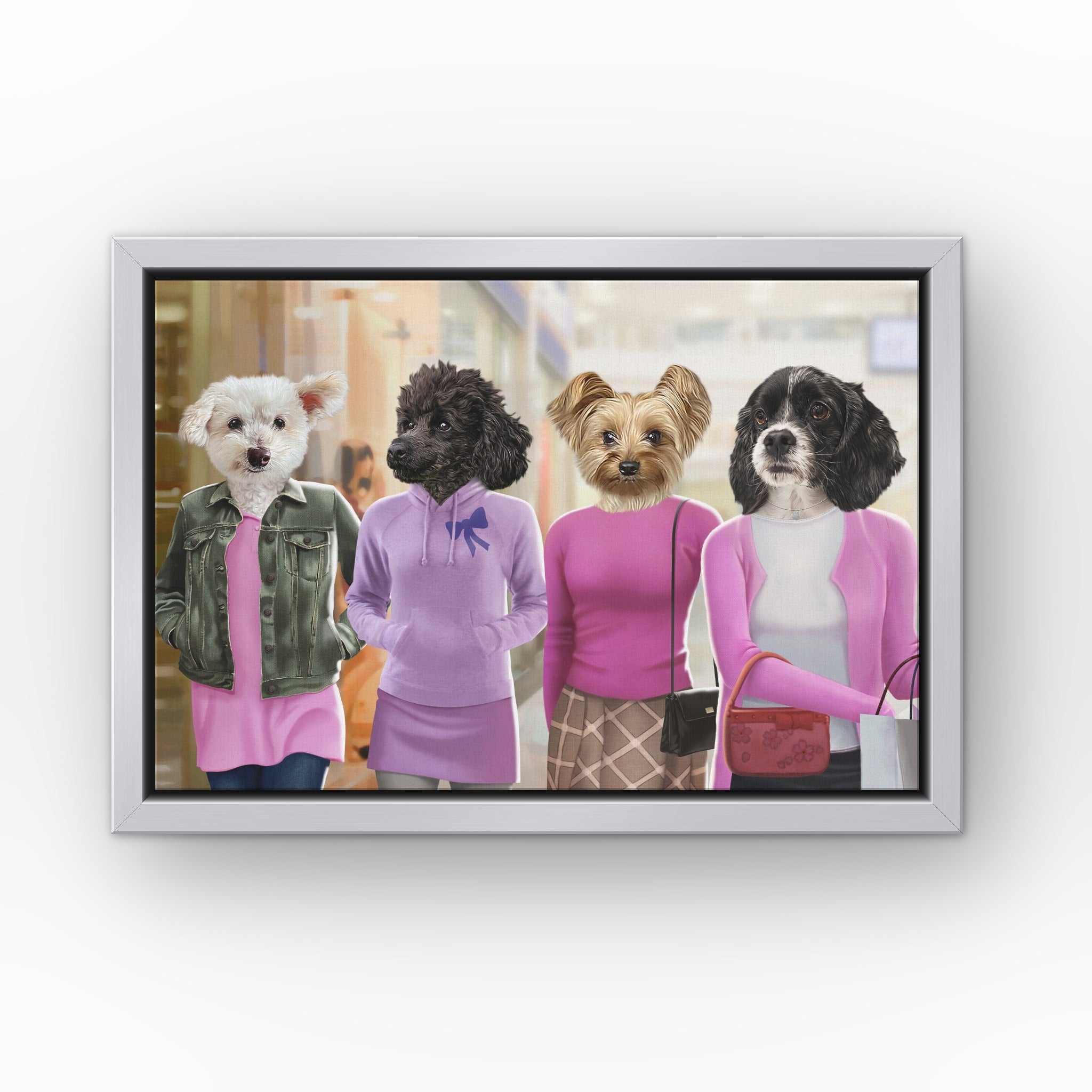 The 4 Mean Girls custom pet canvas in a silver floating frame
