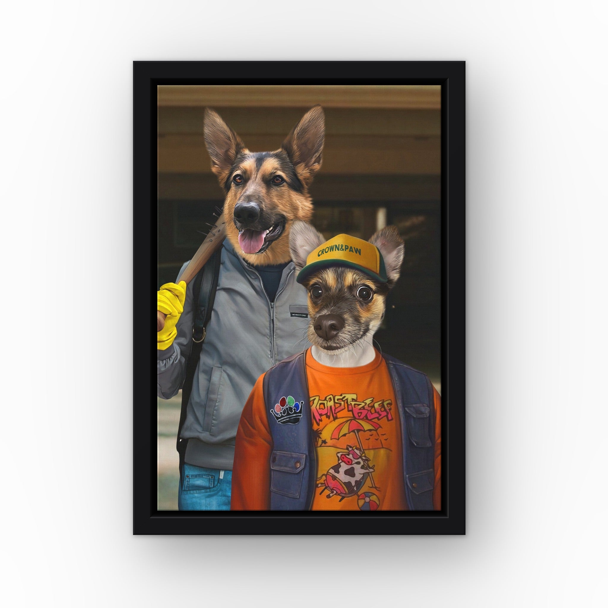 The 80's Dynamic Duo custom pet canvas in a black floating frame