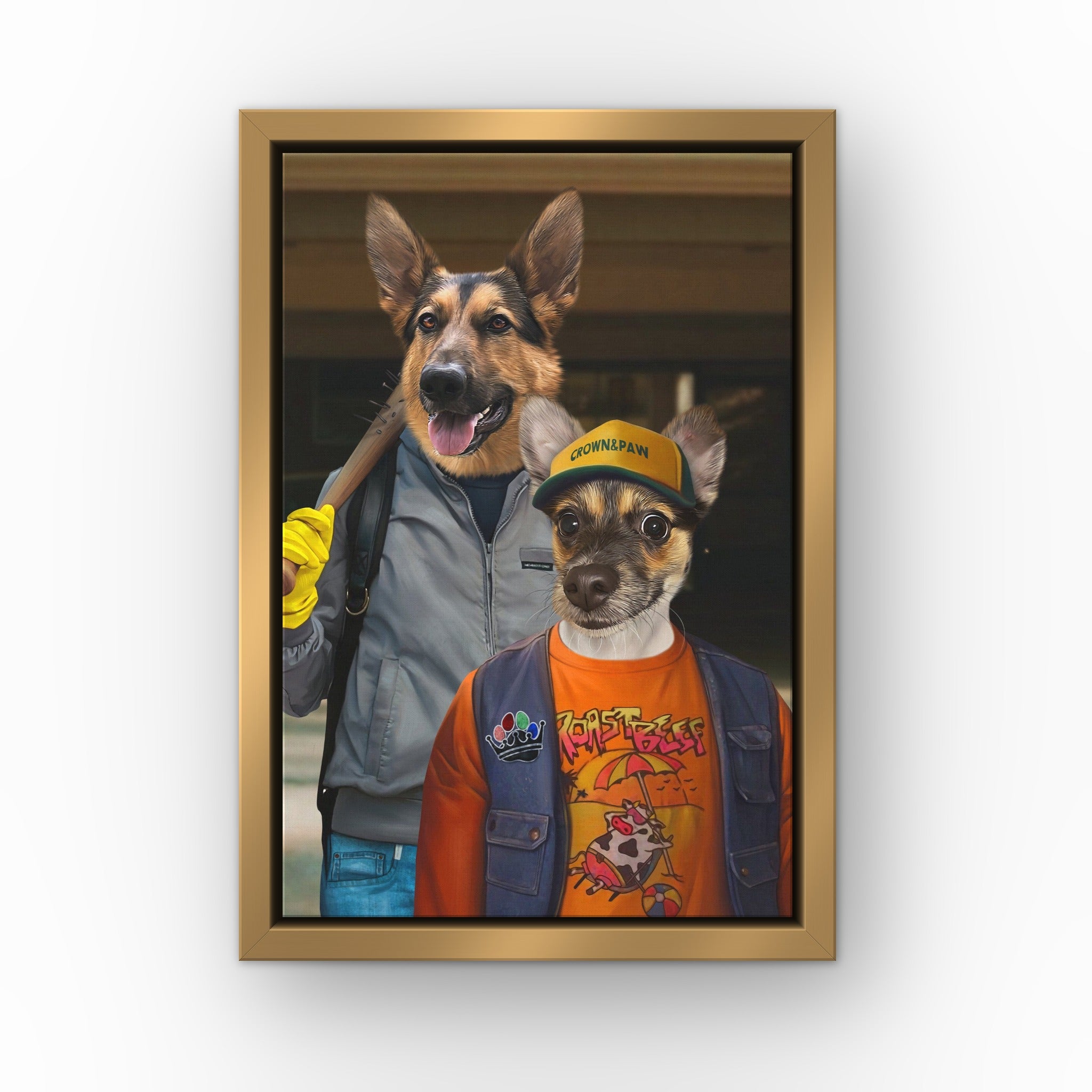The 80's Dynamic Duo custom pet canvas in a gold floating frame
