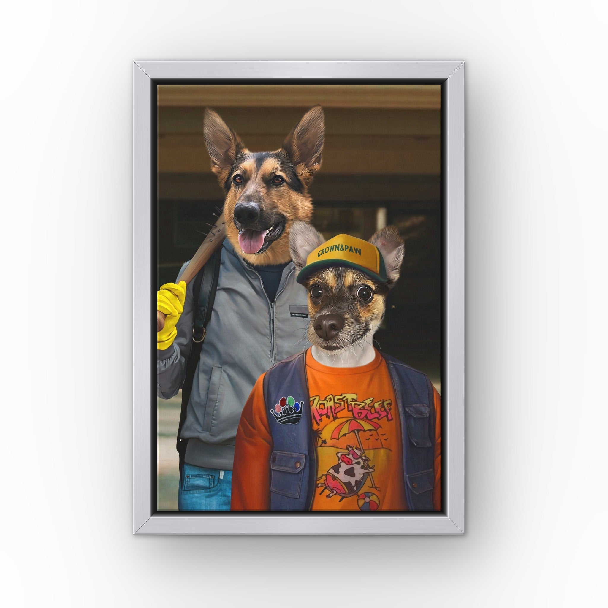 The 80's Dynamic Duo custom pet canvas in a silver floating frame