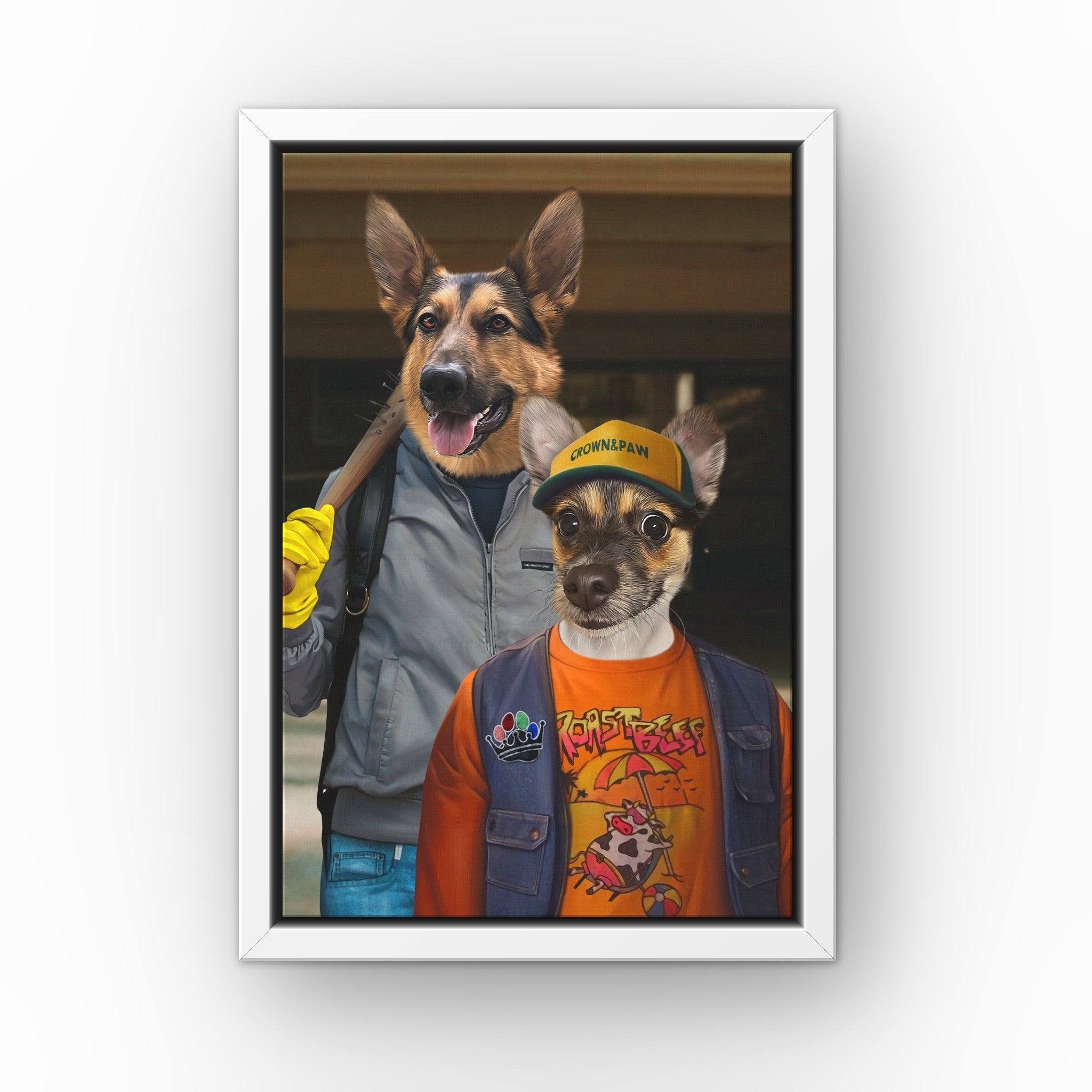 The 80's Dynamic Duo custom pet canvas in a white floating frame