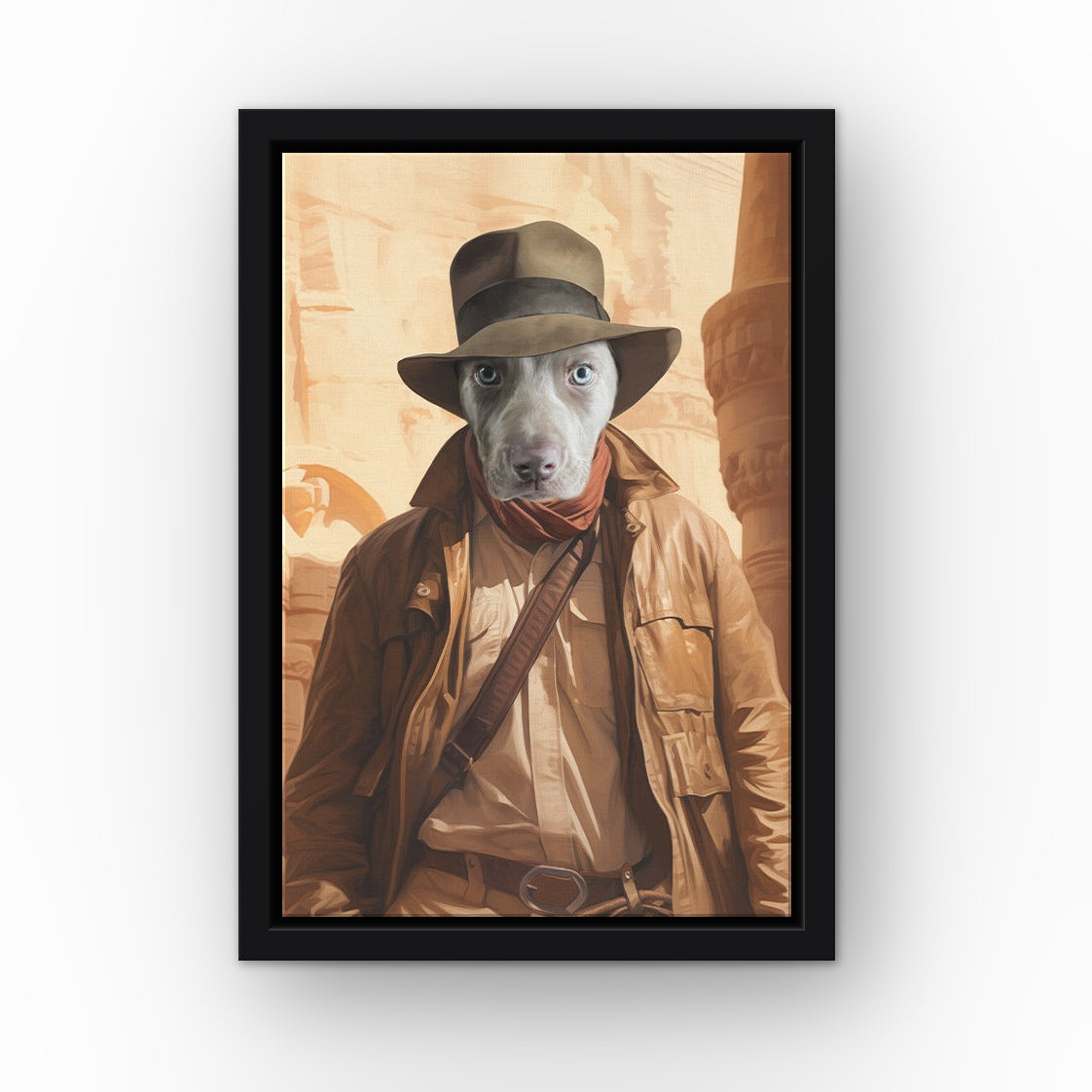The Archeologist custom pet canvas in a black floating frame