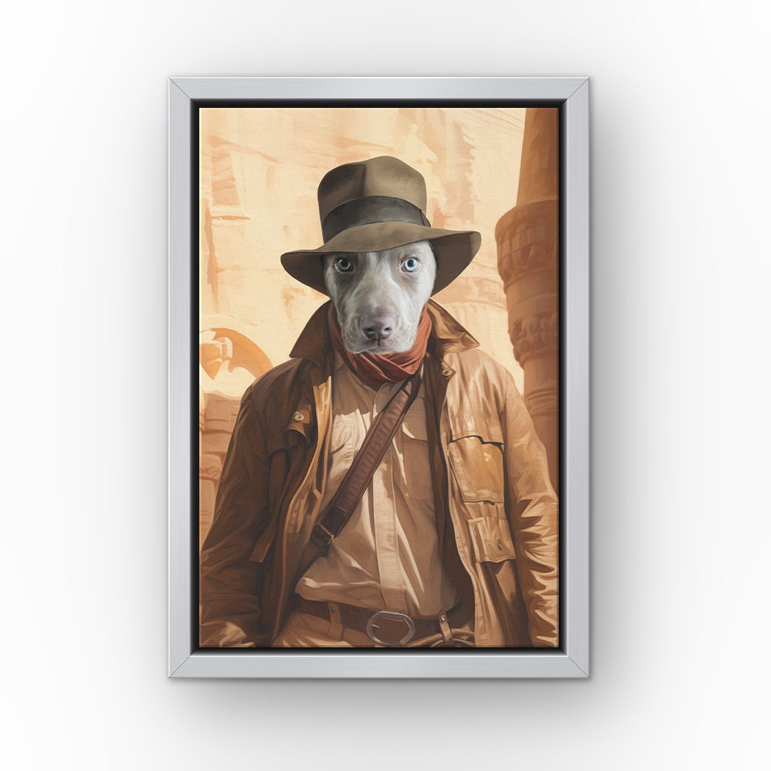 The Archeologist custom pet canvas in a silver floating frame