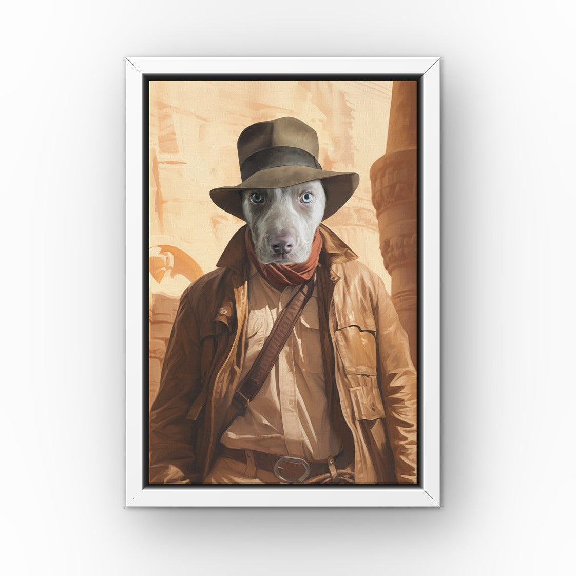 The Archeologist custom pet canvas in a white floating frame
