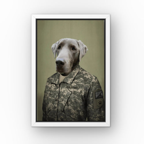 The Army Man custom pet canvas in a white floating frame