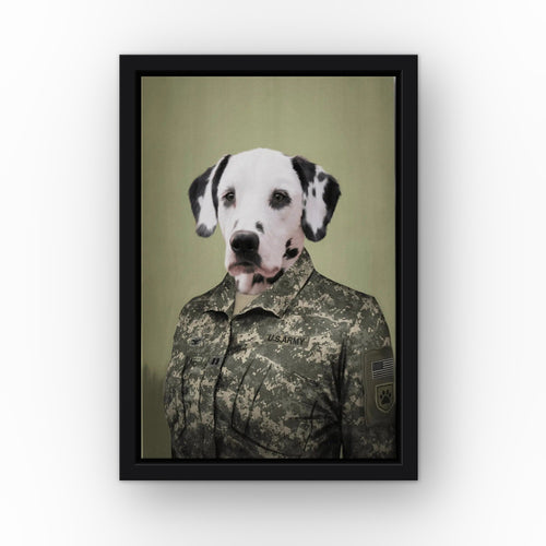 The Army Woman custom pet canvas in a black floating frame