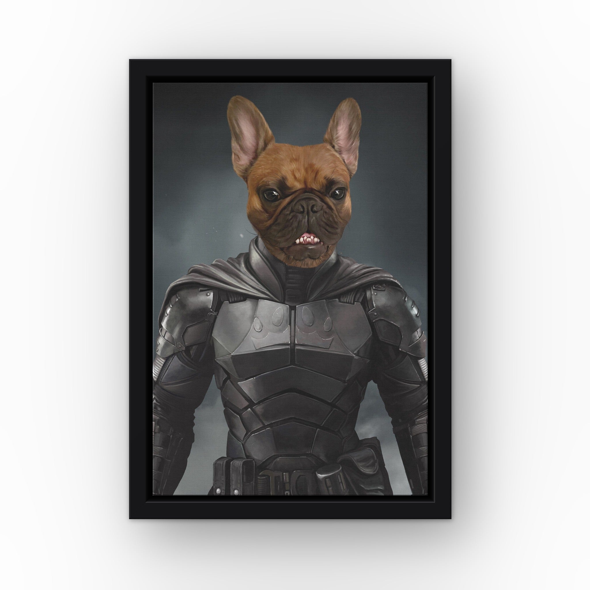 The Bark Knight custom pet canvas in a black floating frame