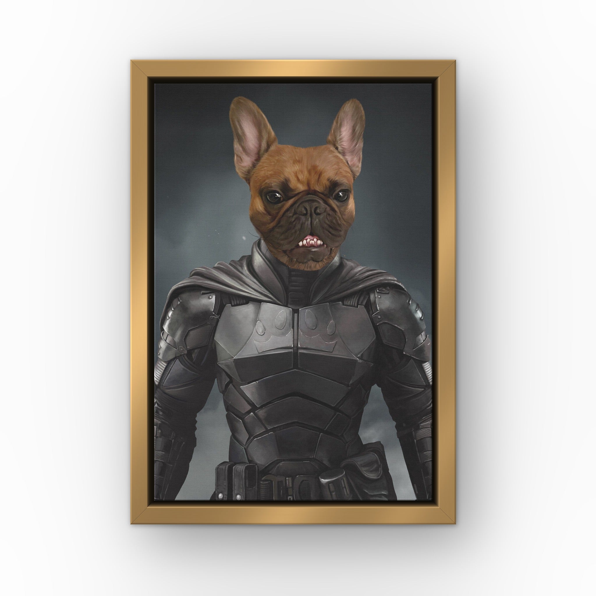 The Bark Knight custom pet canvas in a gold floating frame