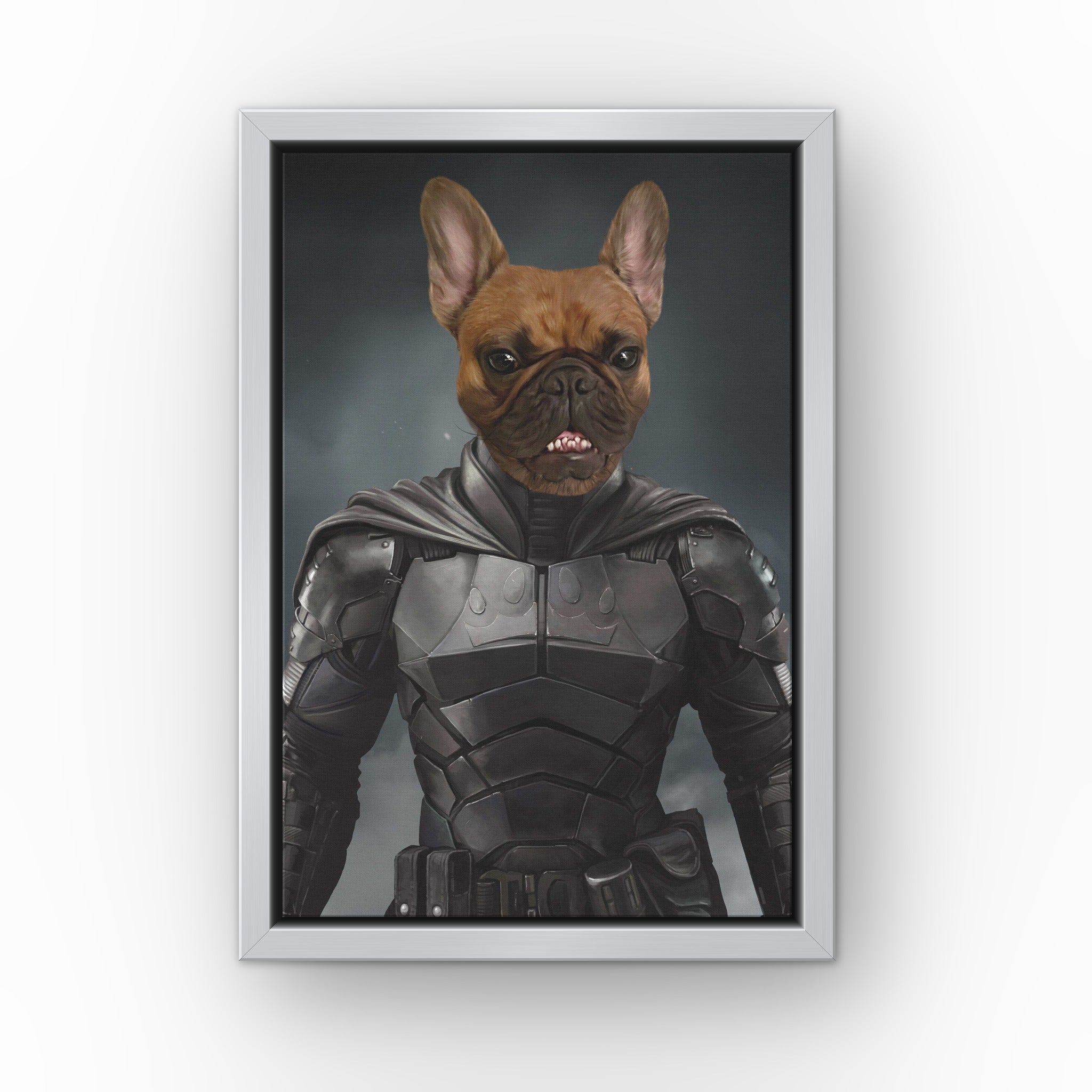 The Bark Knight custom pet canvas in a silver floating frame