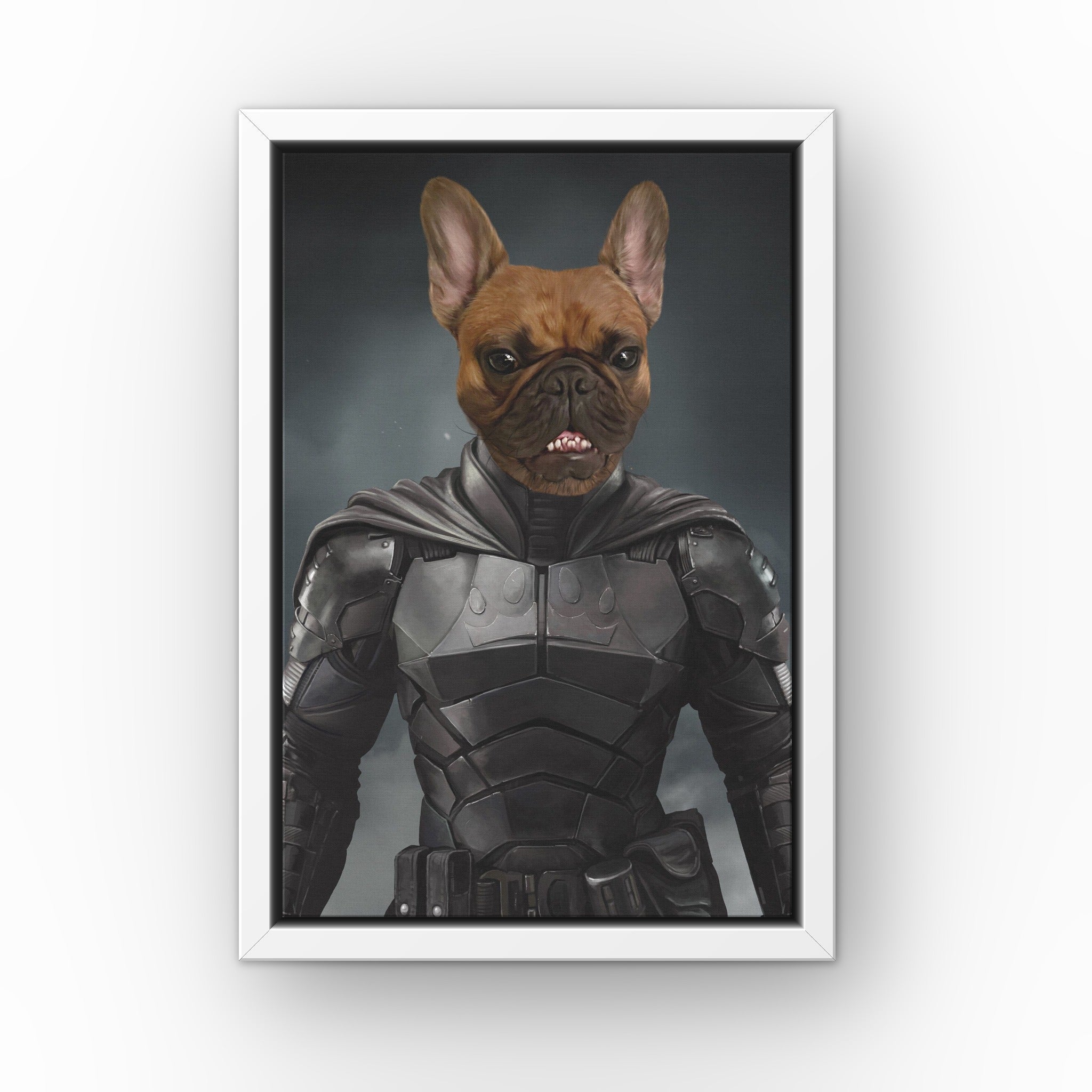 The Bark Knight custom pet canvas in a white floating frame