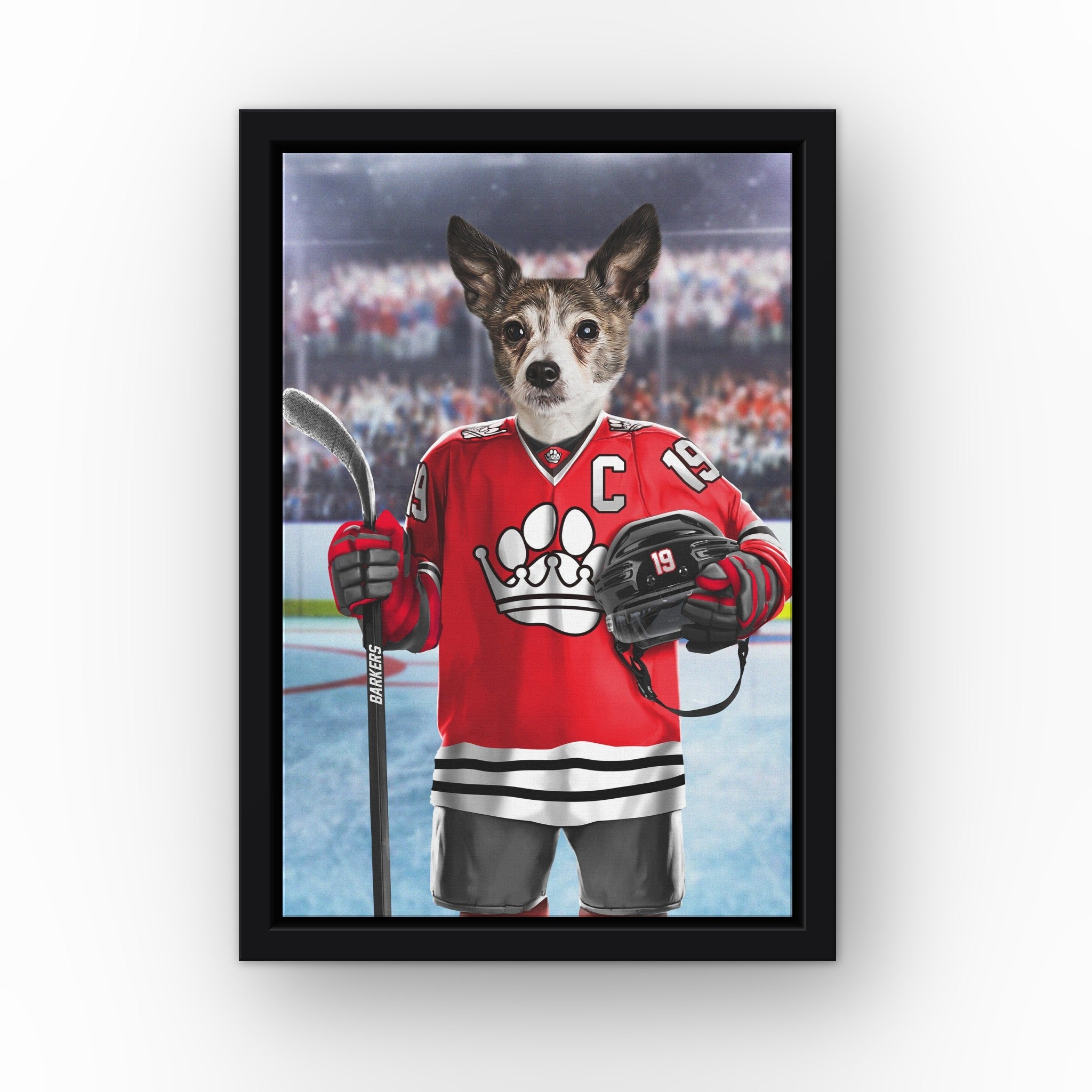 The Barkers custom pet canvas in a black floating frame