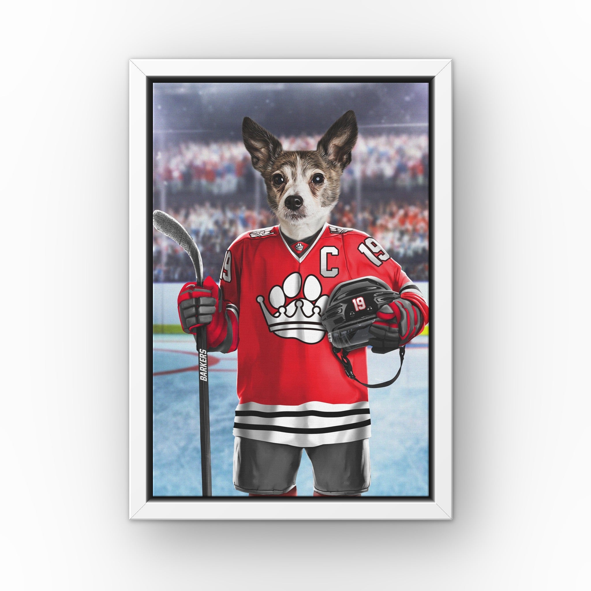 The Barkers custom pet canvas in a white floating frame