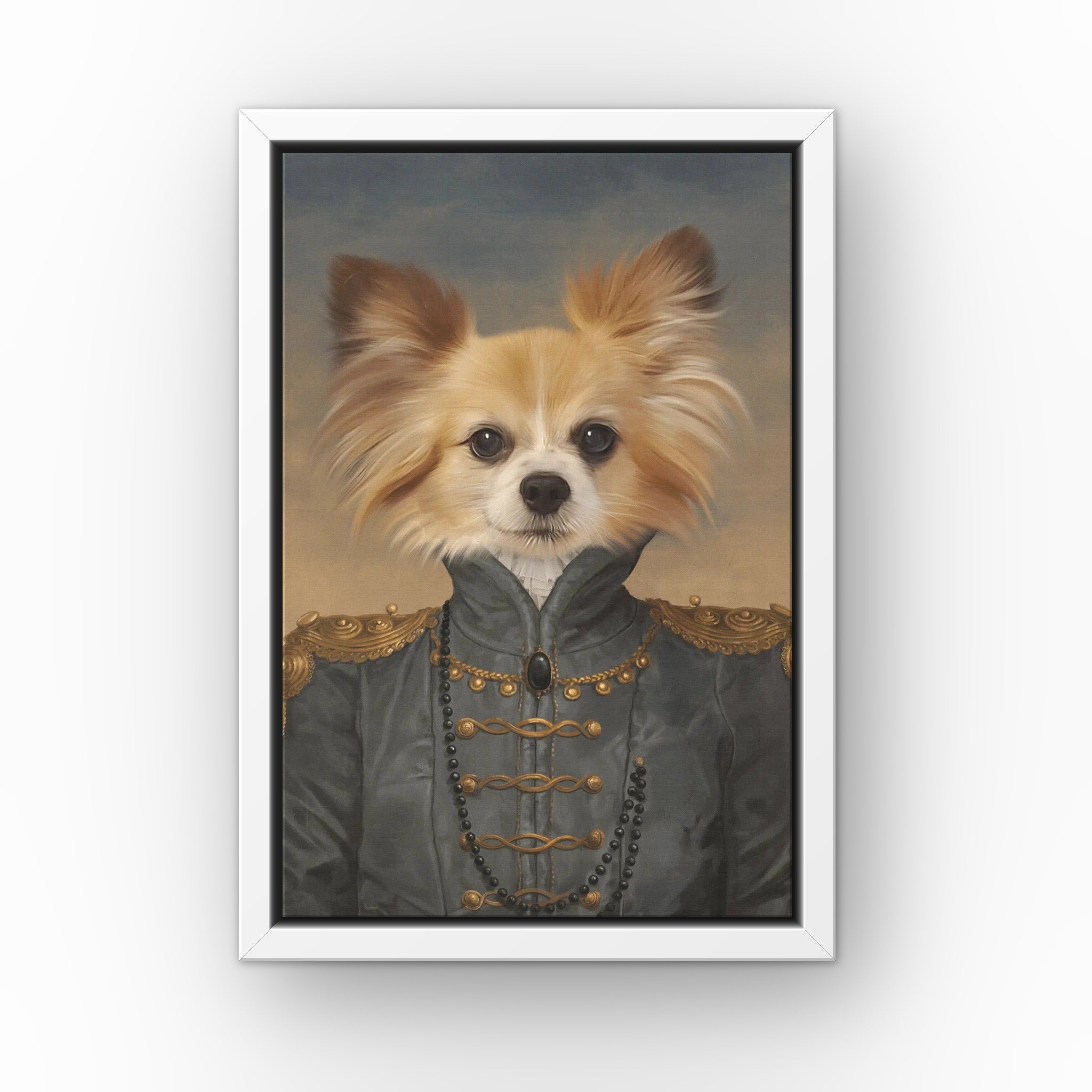 The Baroness custom pet canvas in a white floating frame