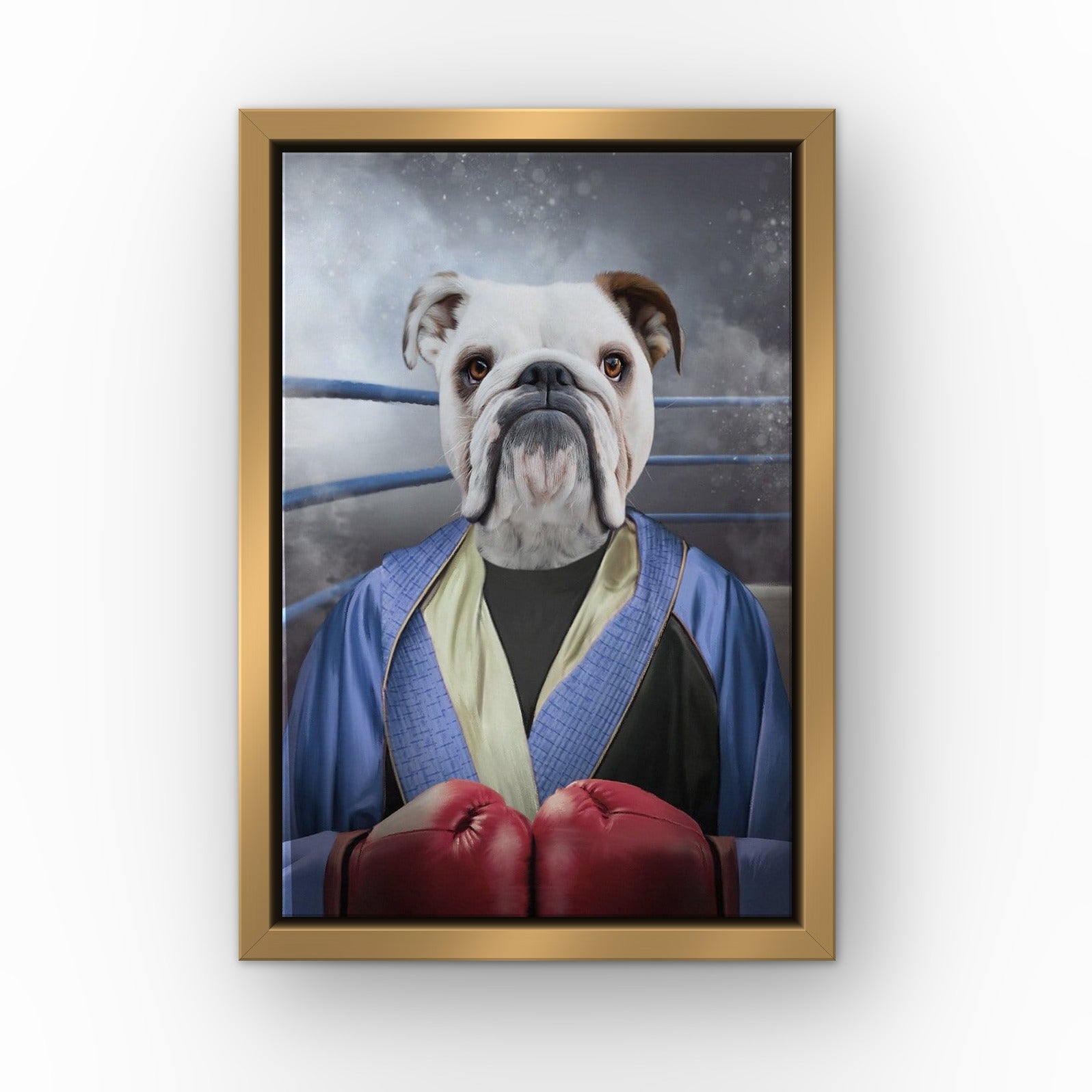 The Boxer custom pet canvas in a gold floating frame