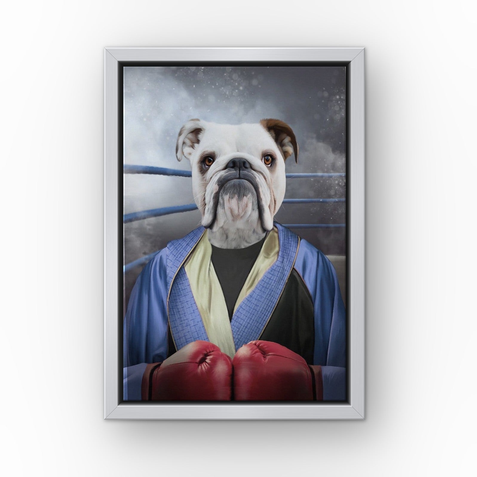 The Boxer custom pet canvas in a silver floating frame