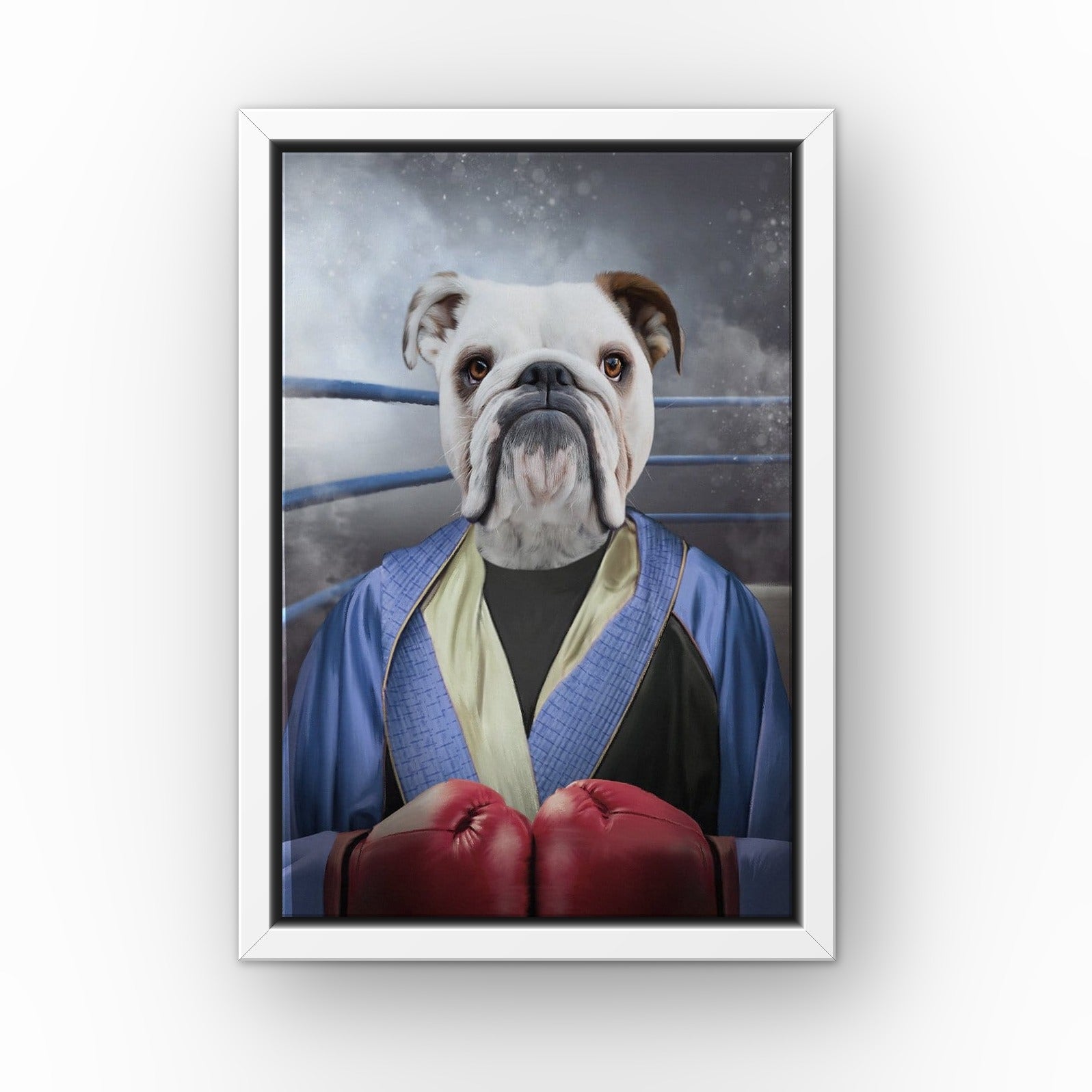 The Boxer custom pet canvas in a white floating frame