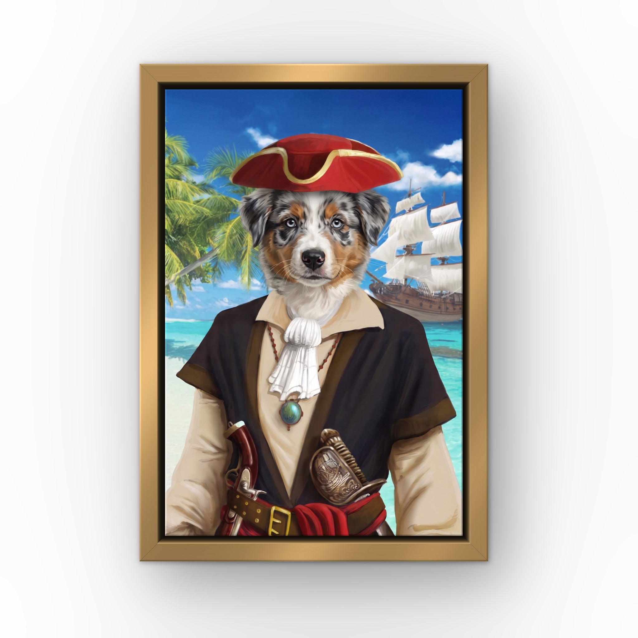 The Buccaneer custom pet canvas in a gold floating frame