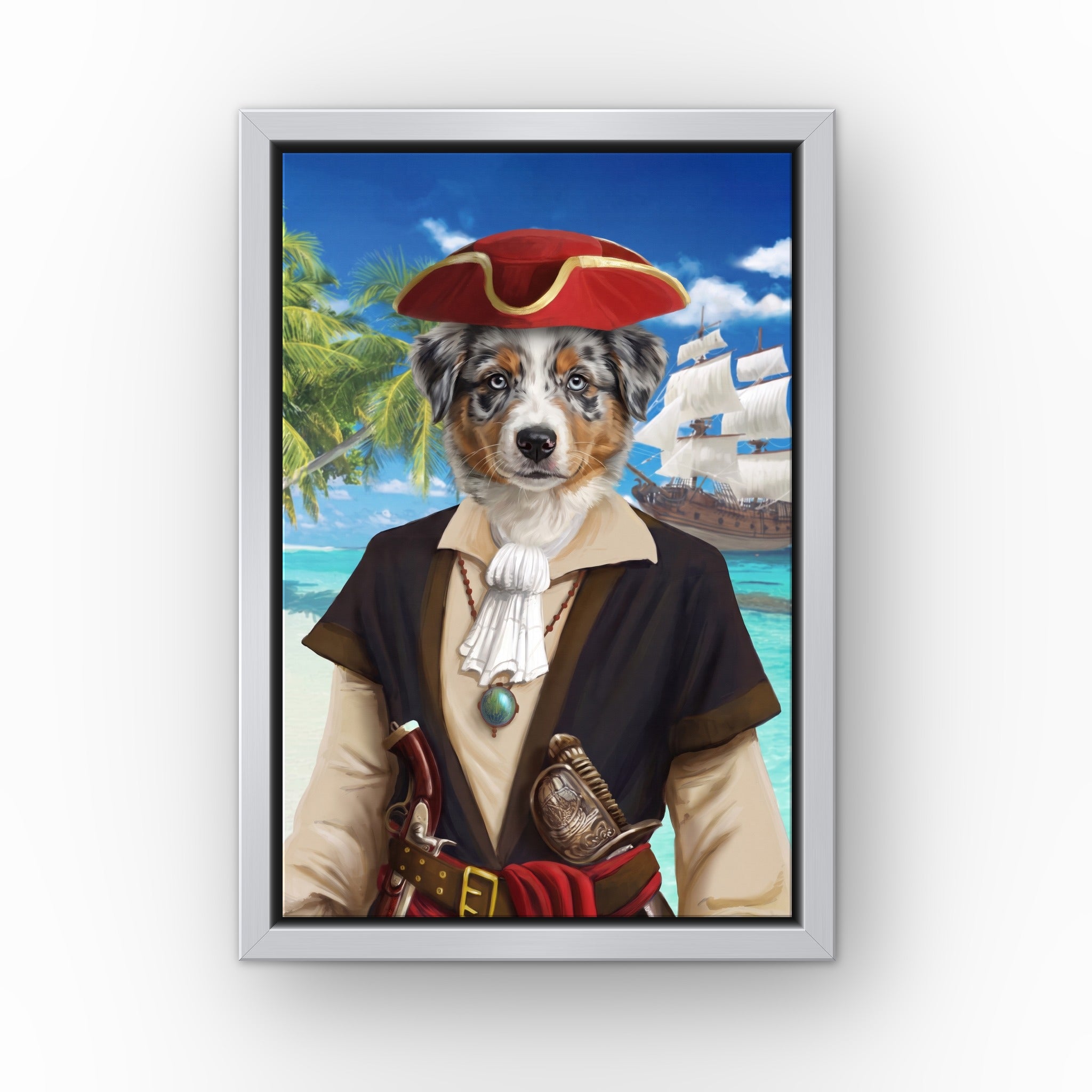 The Buccaneer custom pet canvas in a silver floating frame
