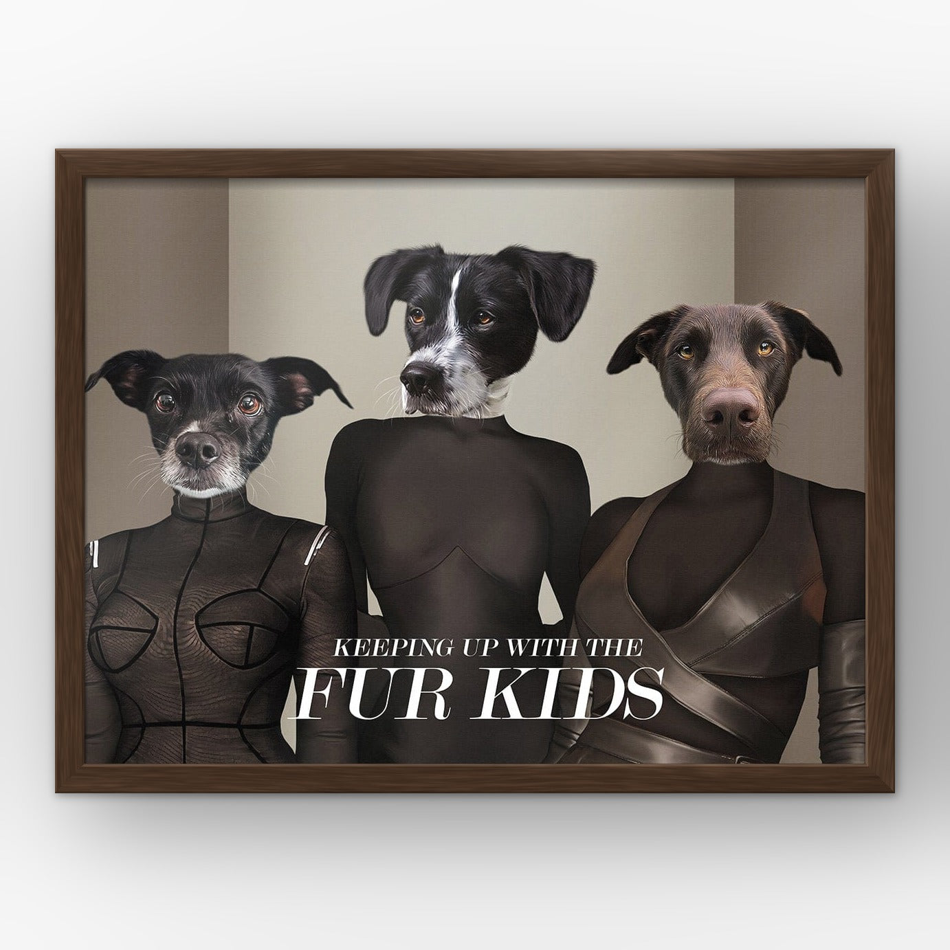 The Celeb Sisters custom pet poster in a walnut frame