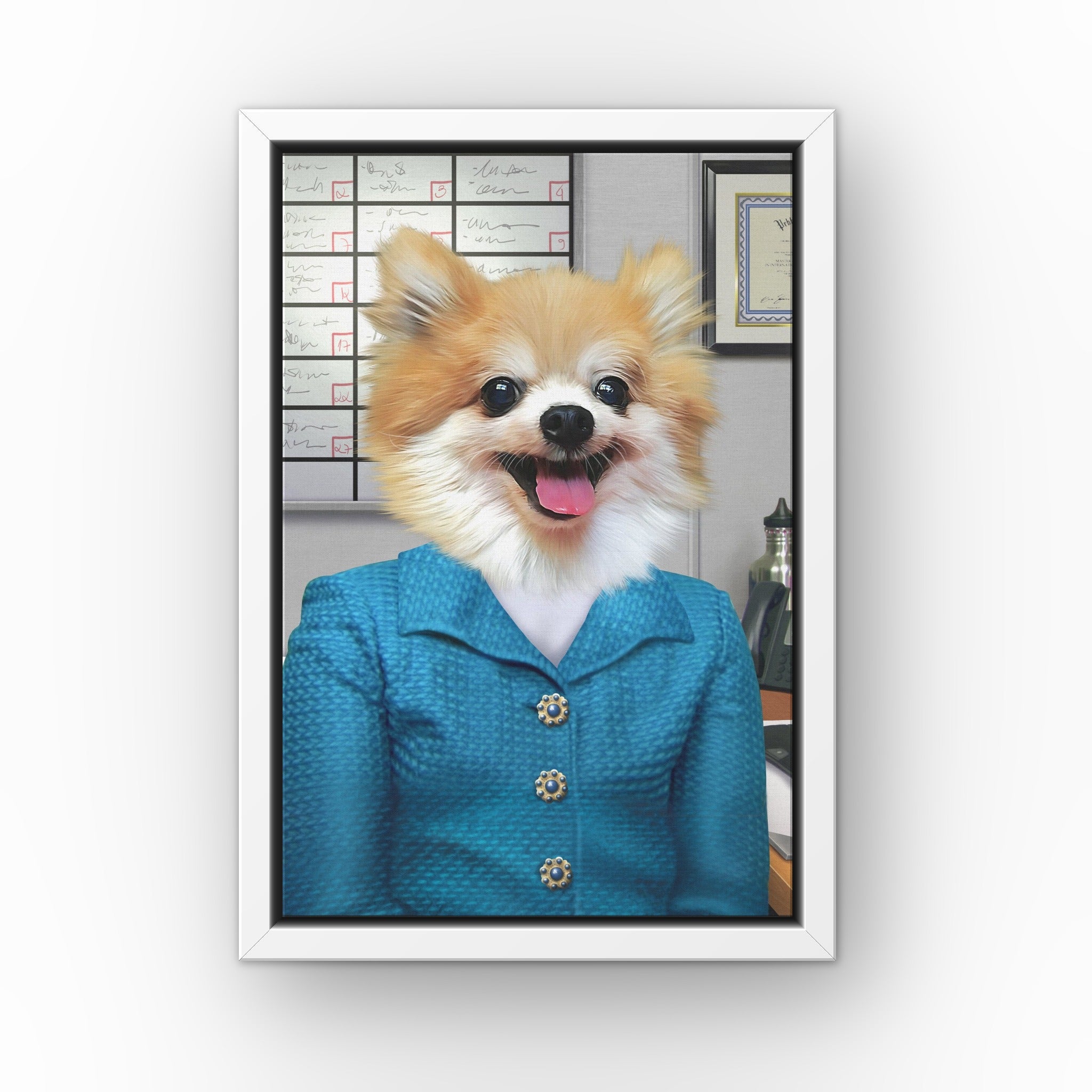 The Chatty One custom pet canvas in a white floating frame