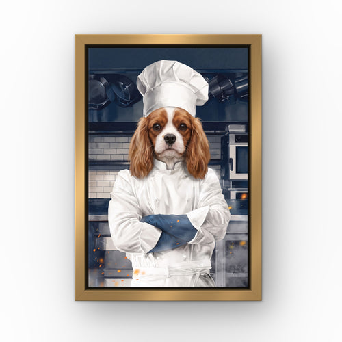 The Chef custom pet canvas in a gold floating frame