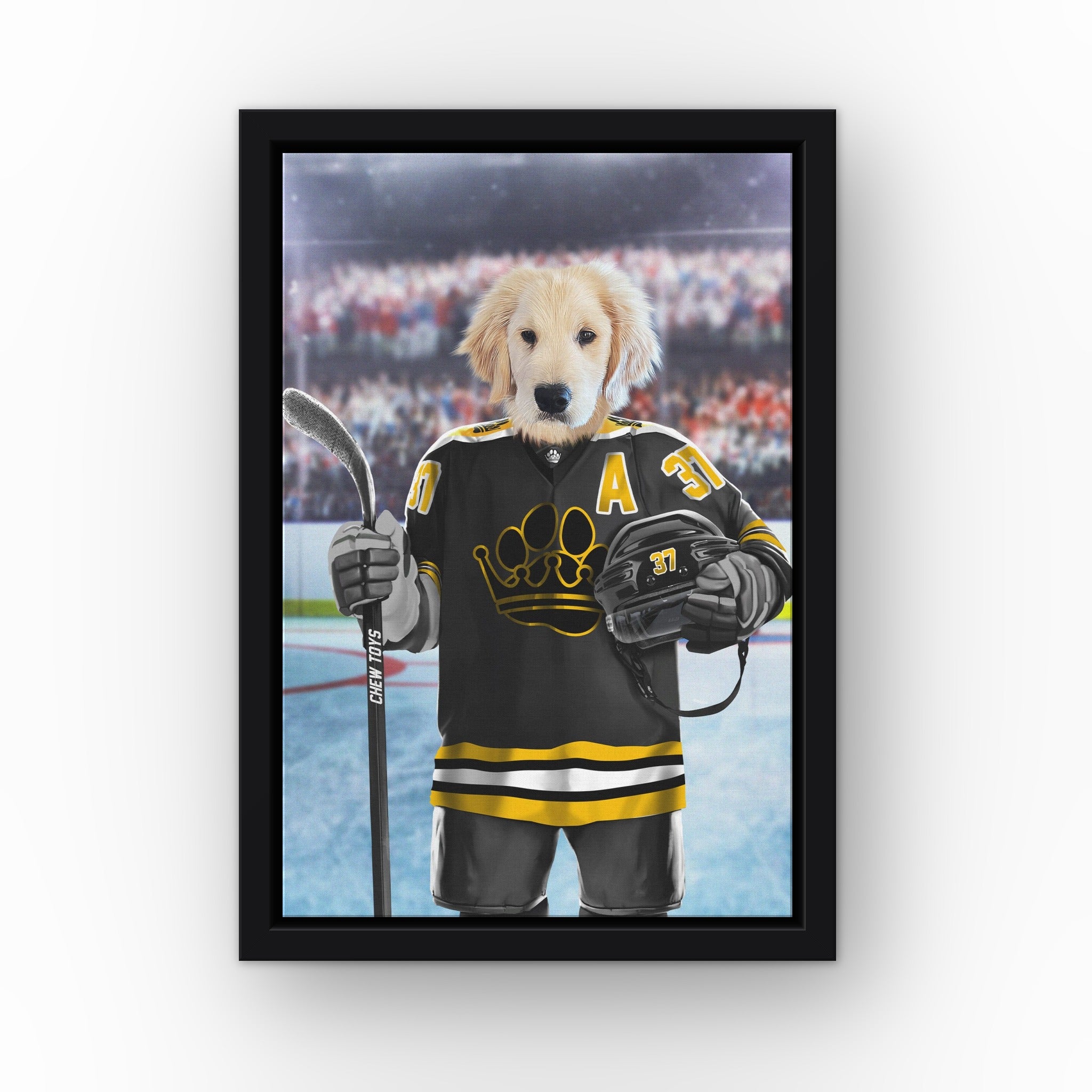 The Chew Toys custom pet canvas in a black floating frame