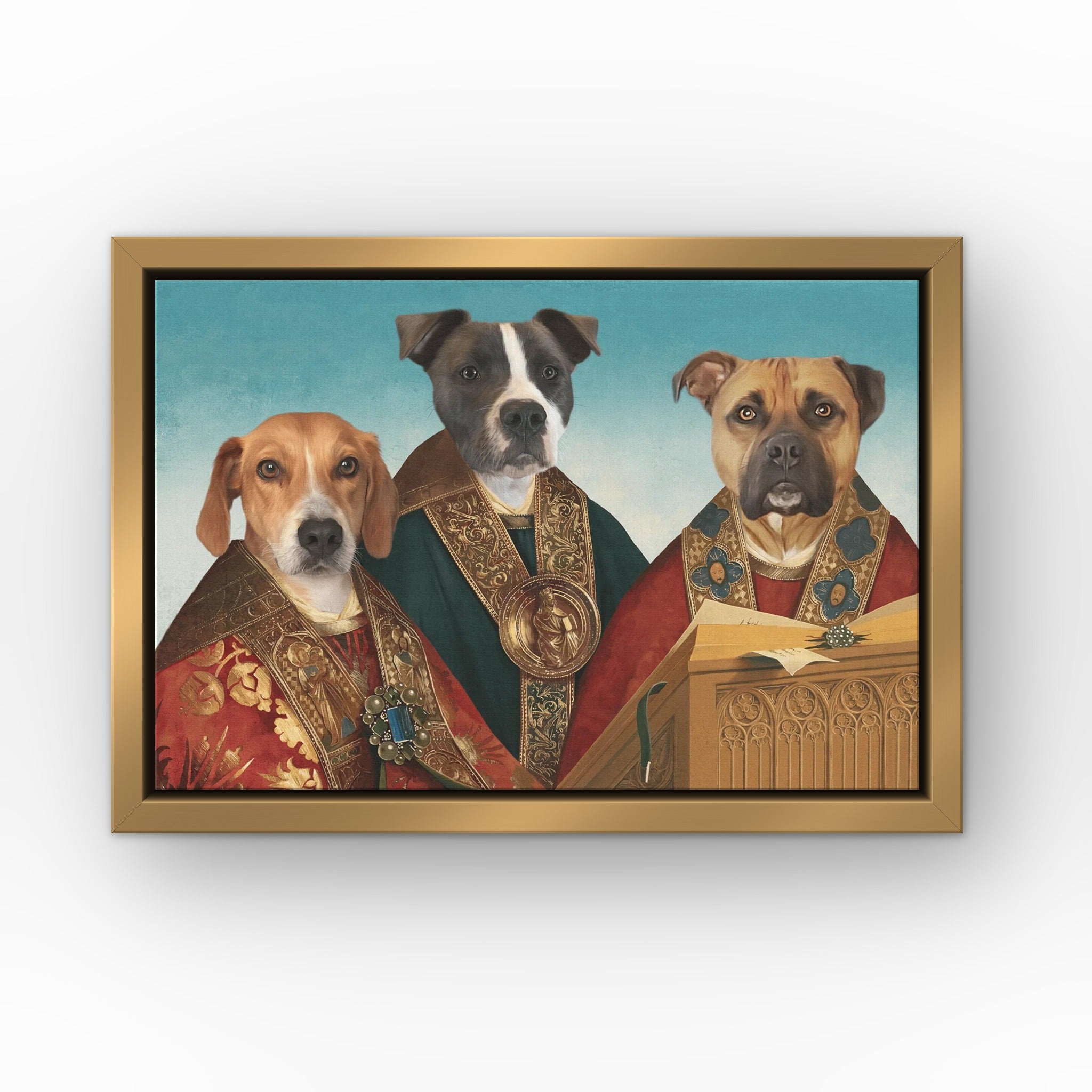 The Choir custom pet canvas in a gold floating frame