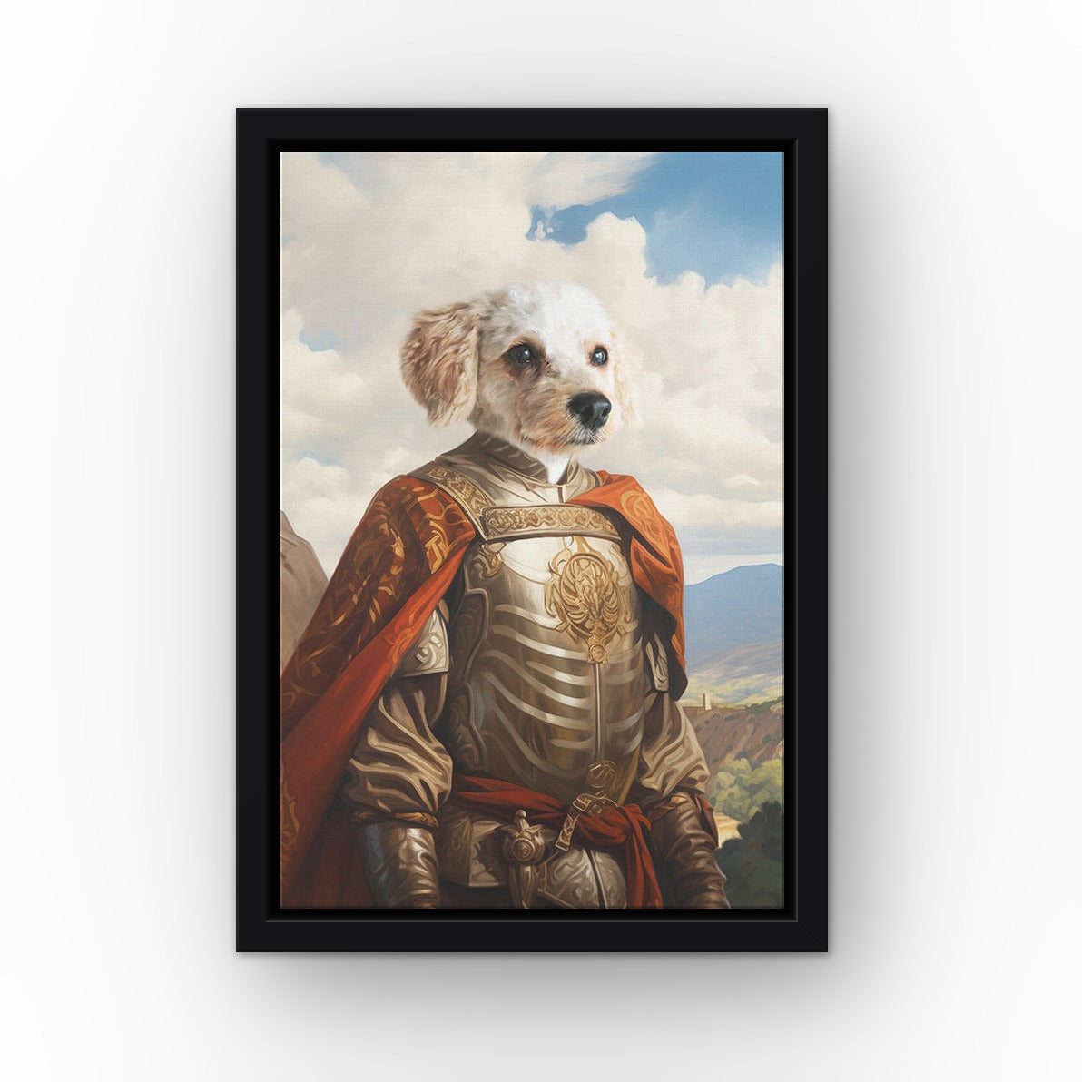 The Conquistador custom pet canvas in a black floating frame