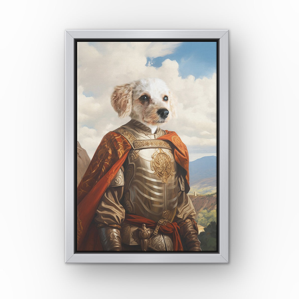 The Conquistador custom pet canvas in a silver floating frame