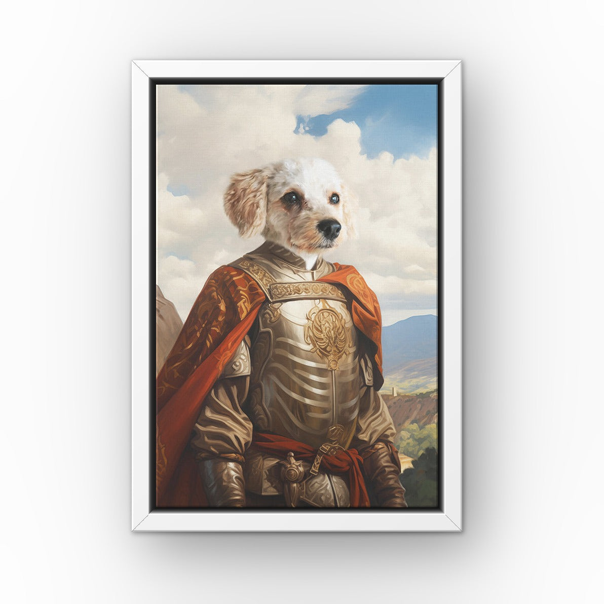 The Conquistador custom pet canvas in a white floating frame