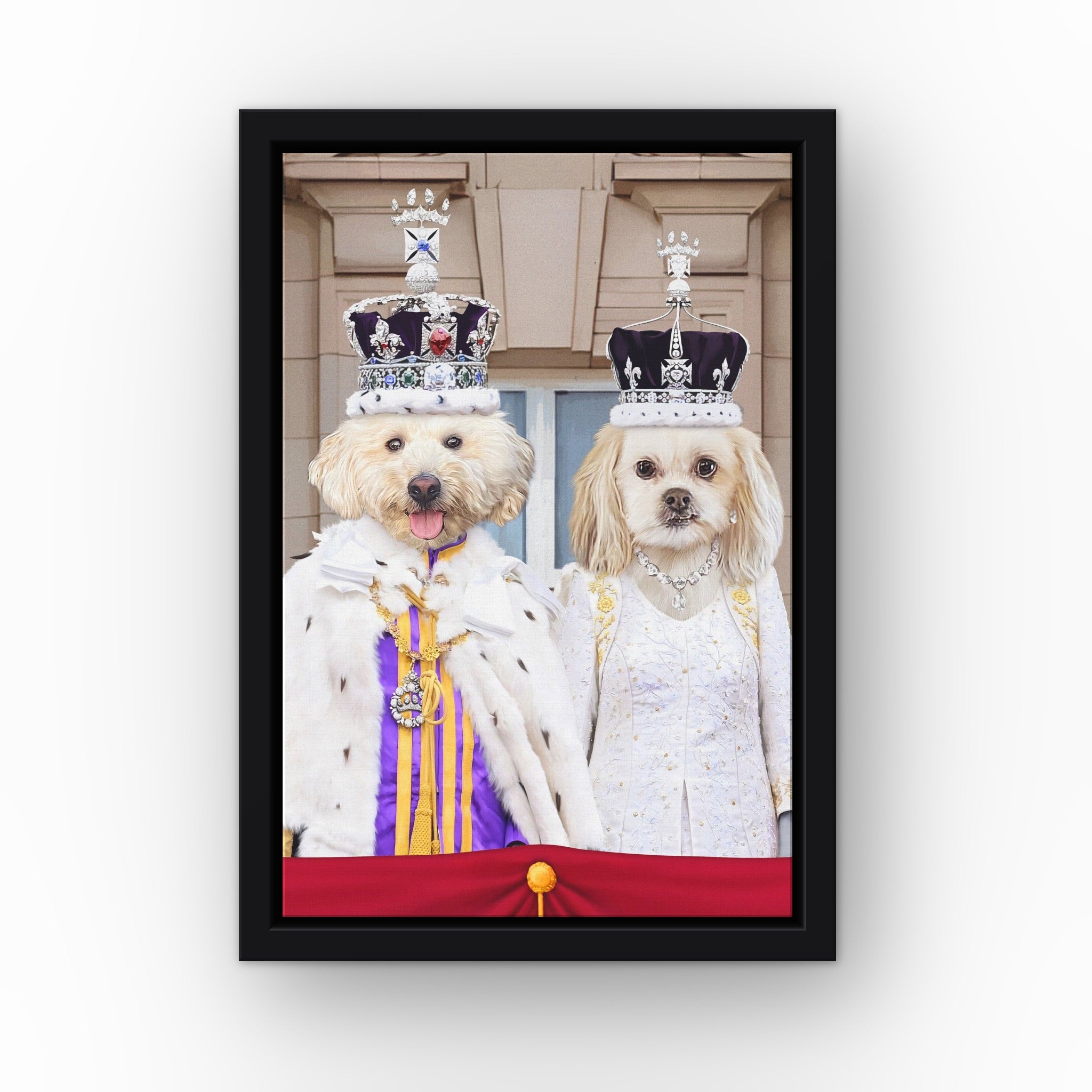 The Coronation Couple custom pet canvas in a black floating frame