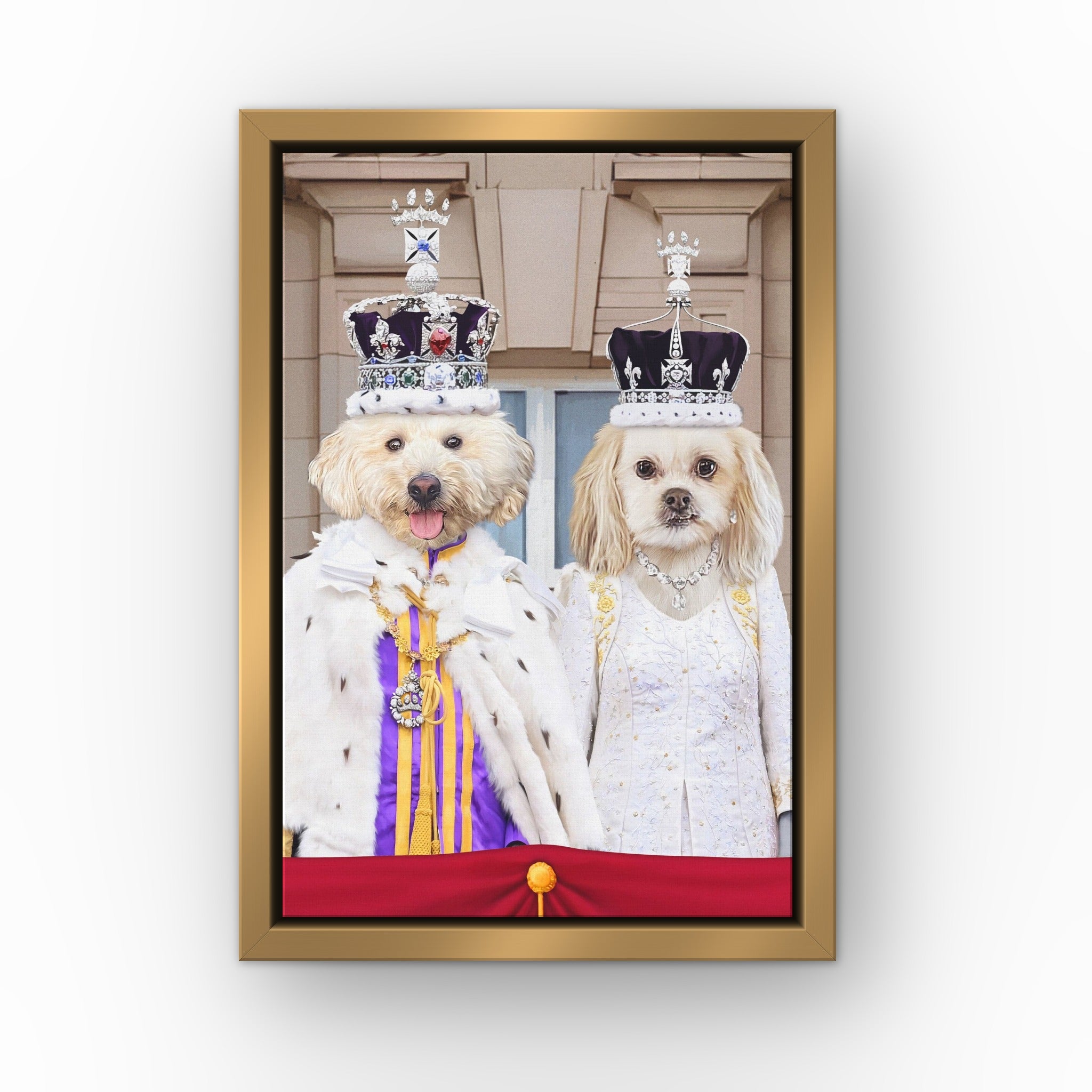 The Coronation Couple custom pet canvas in a gold floating frame