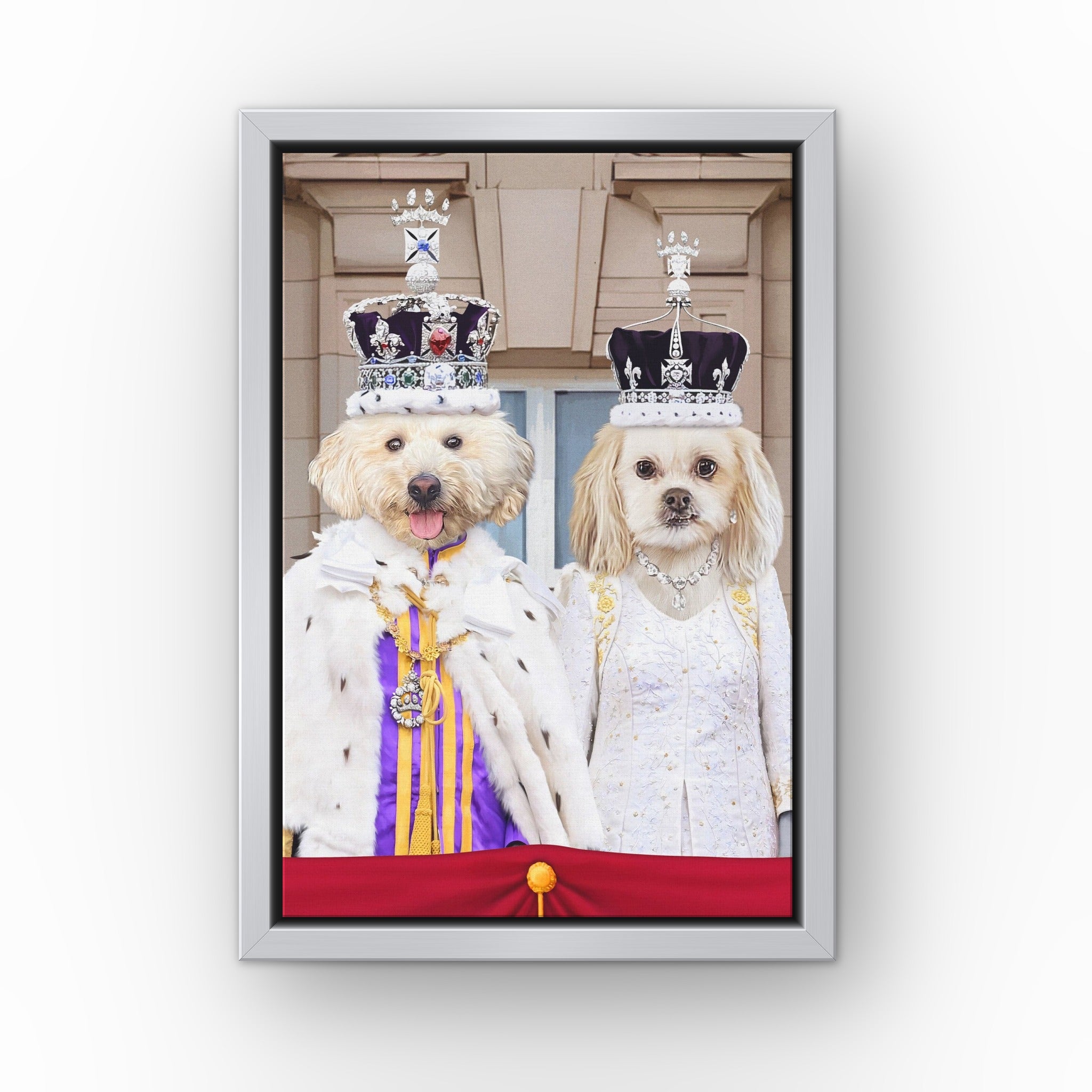 The Coronation Couple custom pet canvas in a silver floating frame