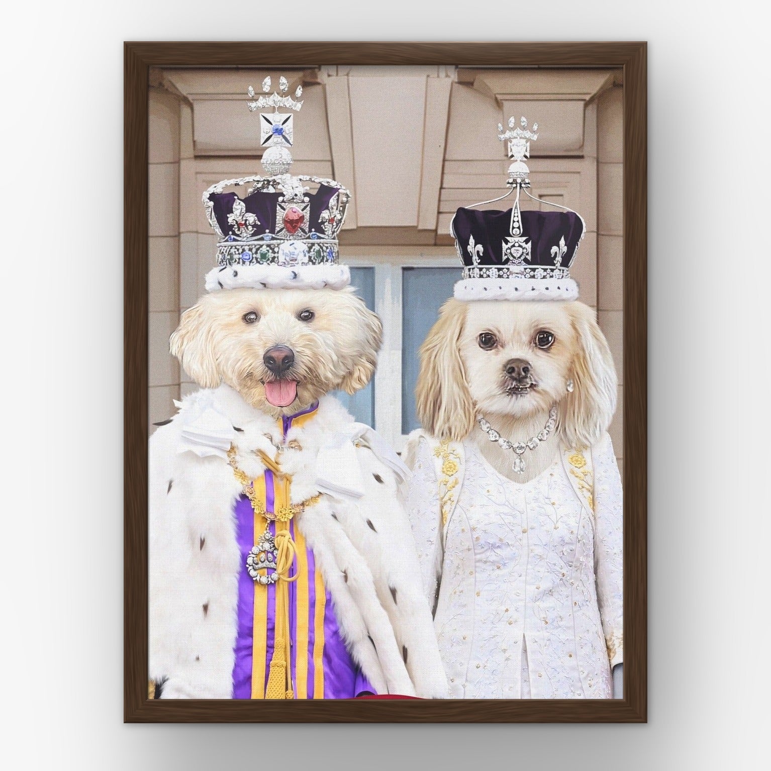 The Coronation Couple custom pet poster in a walnut frame