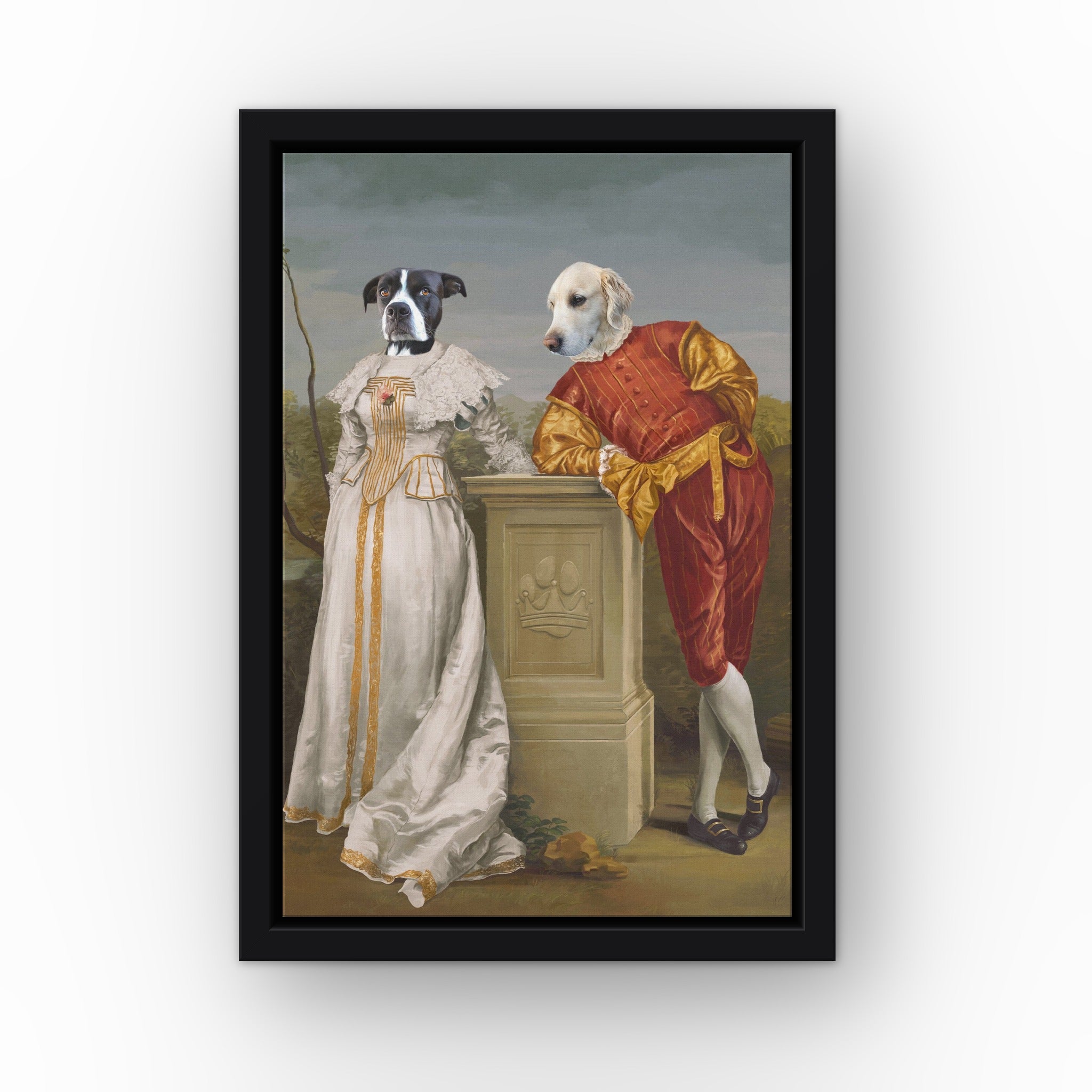 The Courtly Couple custom pet canvas in a black floating frame