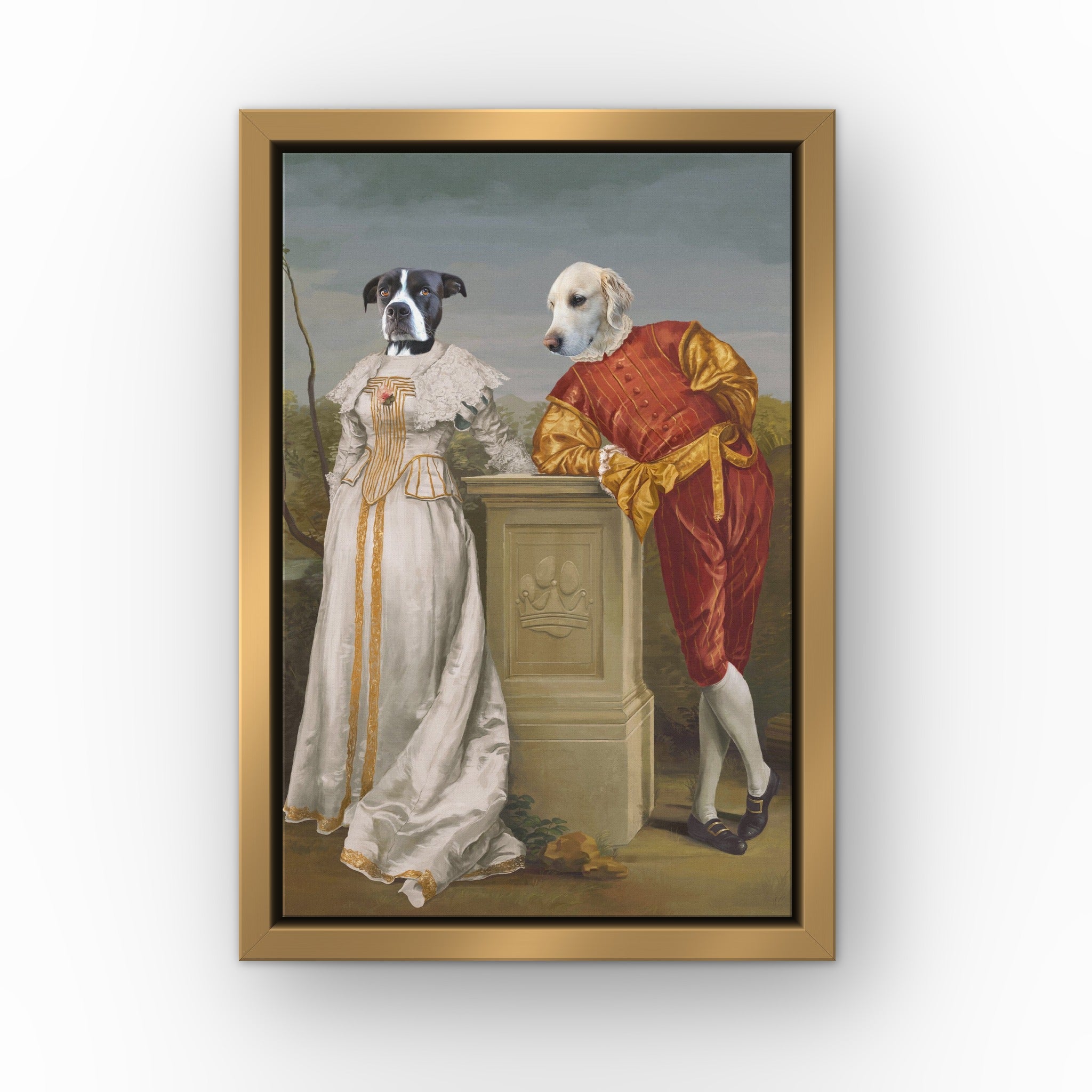 The Courtly Couple custom pet canvas in a gold floating frame