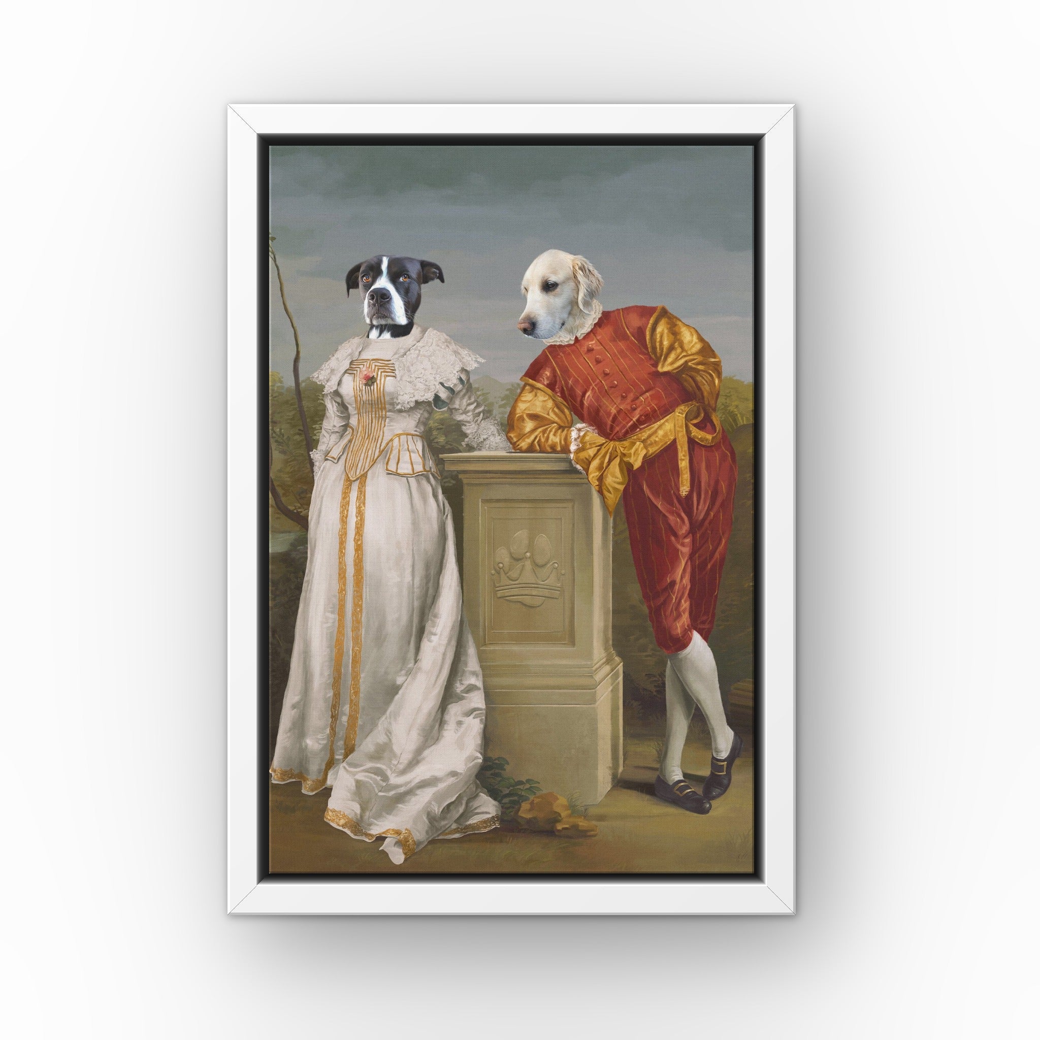 The Courtly Couple custom pet canvas in a white floating frame