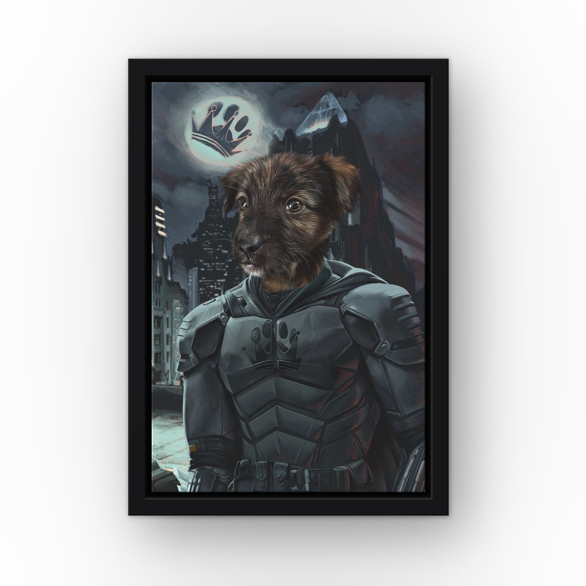The Dark Bruce custom pet canvas in a black floating frame