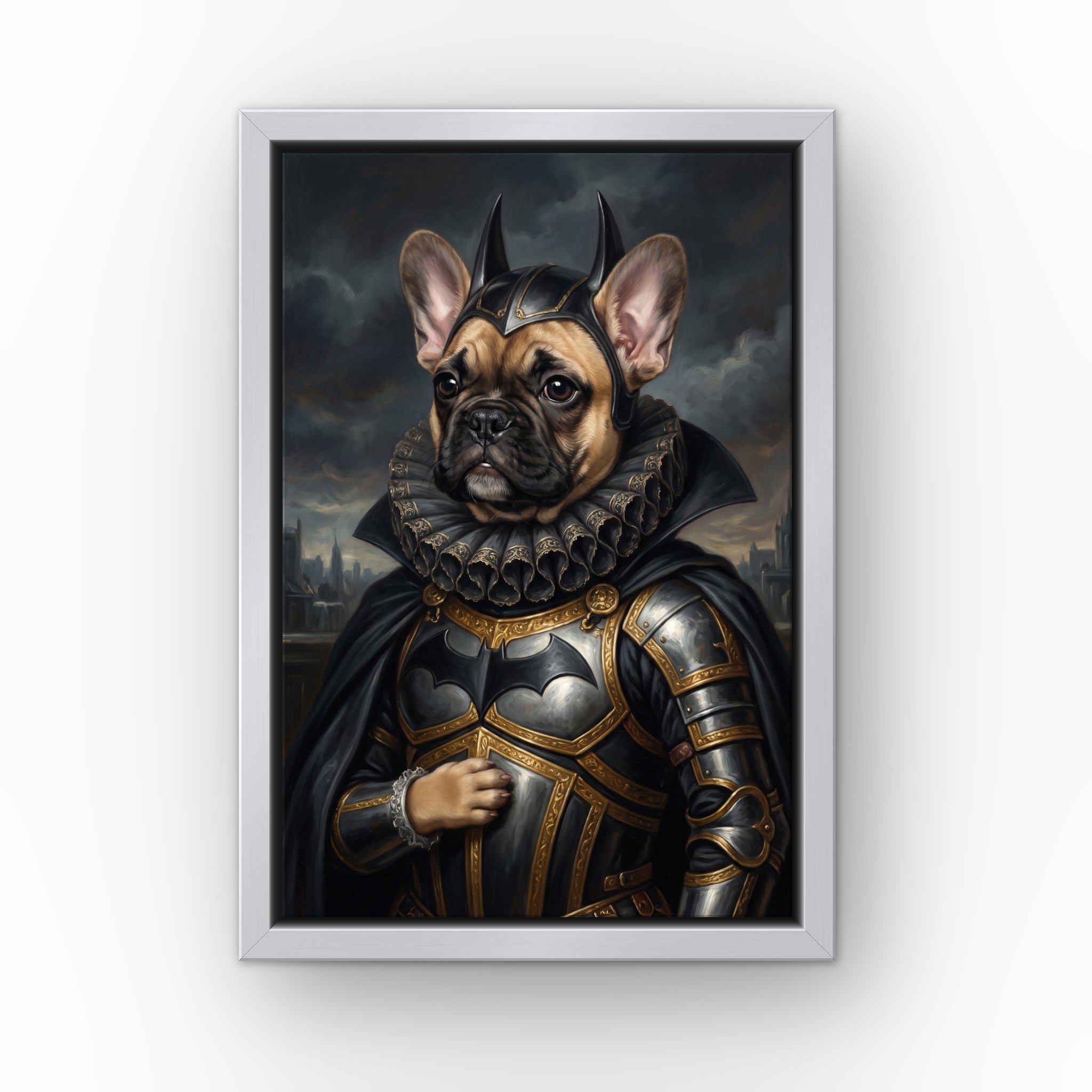 The Dark Hero custom pet canvas in a silver floating frame